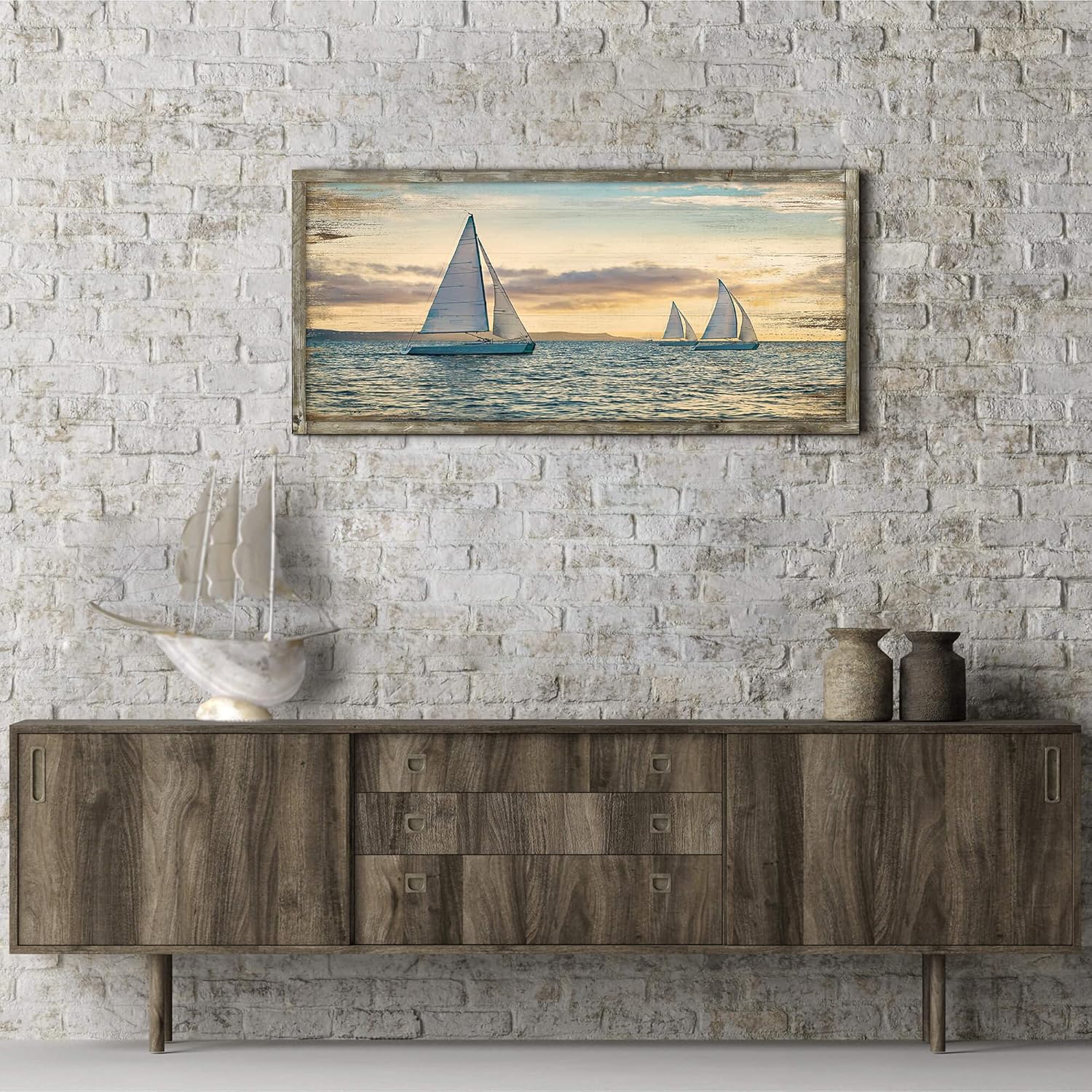 Arte de pared de madera enmarcado en el océano arte de pintura costera de 40 x 20 pulgadas, decoración de velas, puesta de sol, paisaje marino,