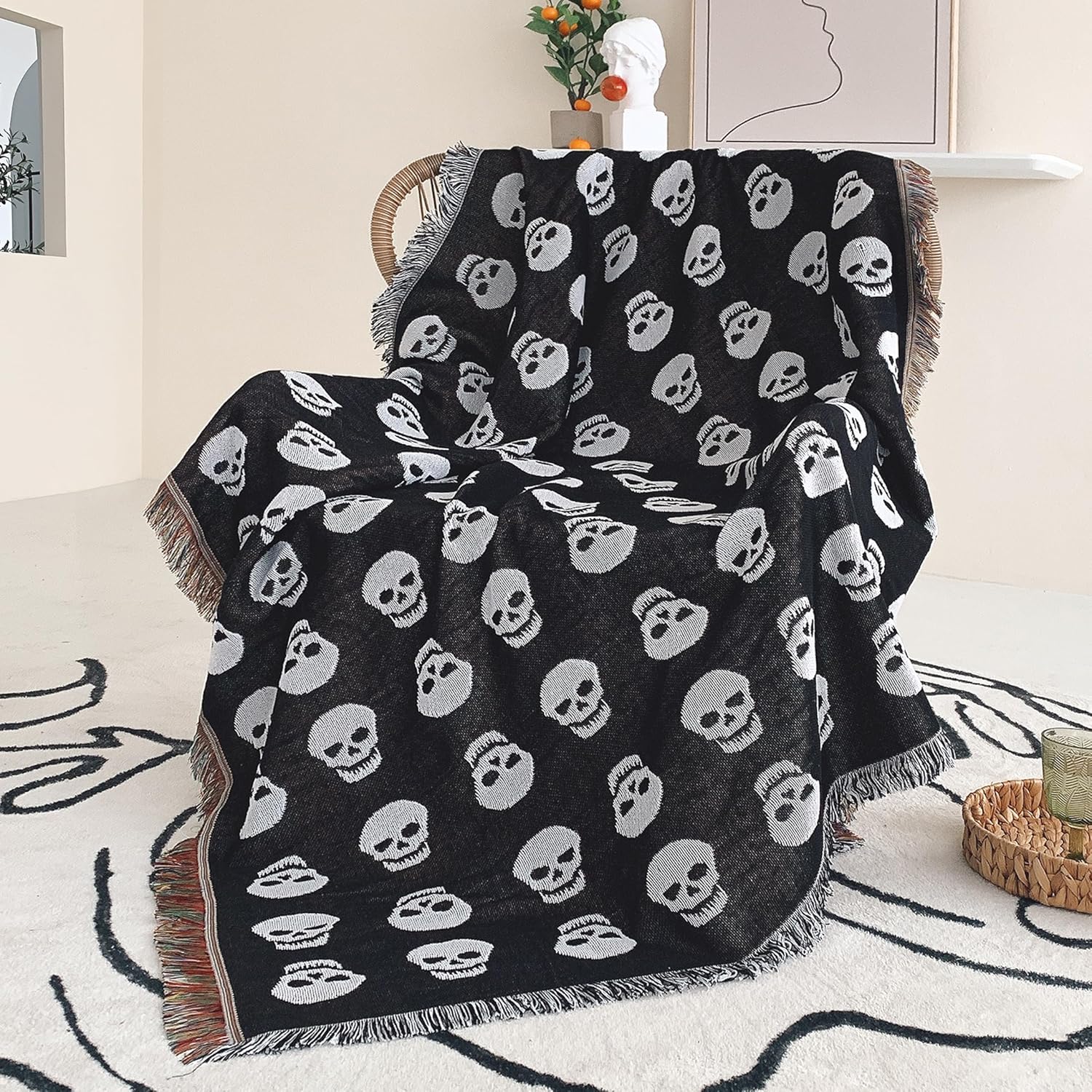 Manta bohemia reversible de algodón, tapiz bohemio hippie para decoración de habitación de doble cara (estampado de calavera bohemio, negro, 50 x 60