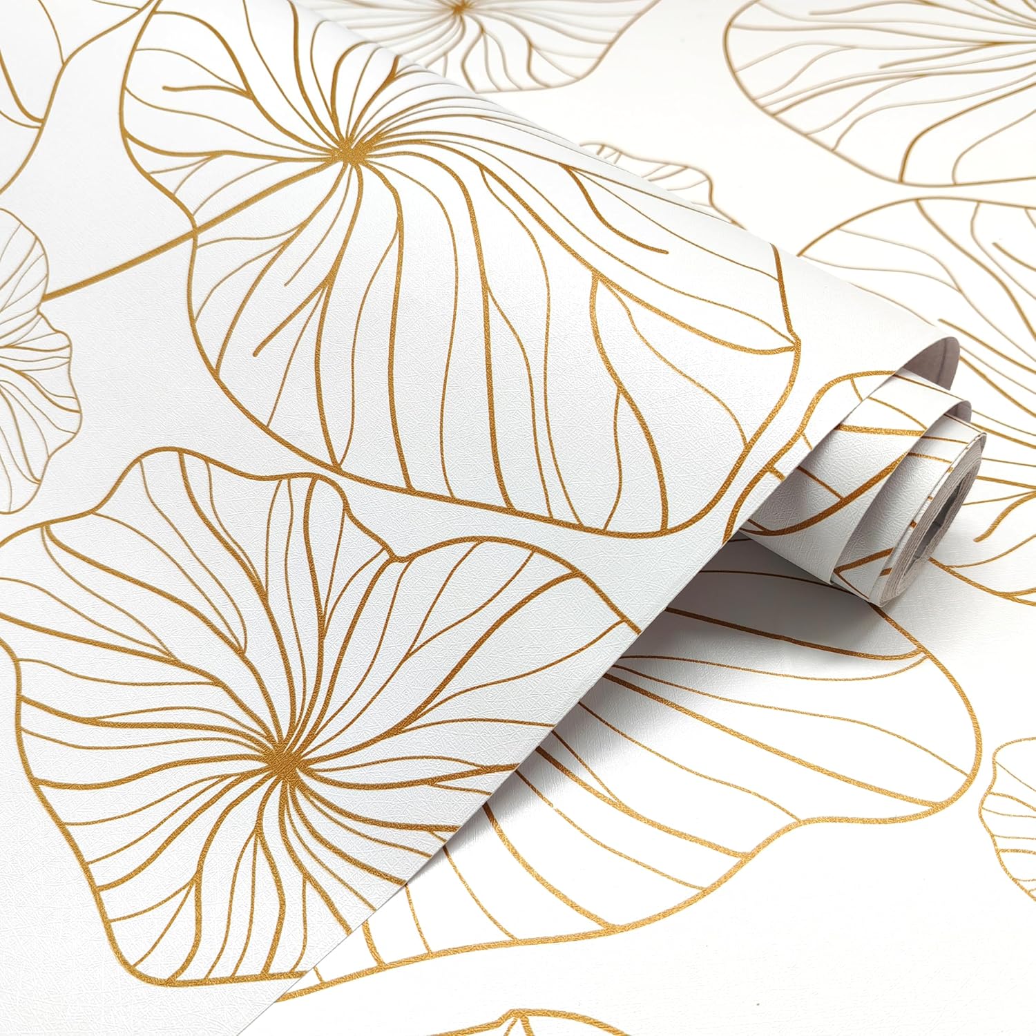 Papel tapiz dorado y blanco para despegar y pegar, papel de contacto floral bohemio, hoja de loto, extraíble, papel tapiz autoadhesivo para cocina,