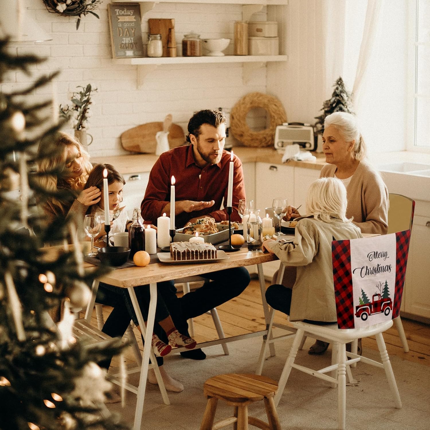4 fundas para sillas de Navidad, de arpillera, búfalo, a cuadros, para automóvil, árbol de Navidad, decoración para Navidad, comedor, cocina,