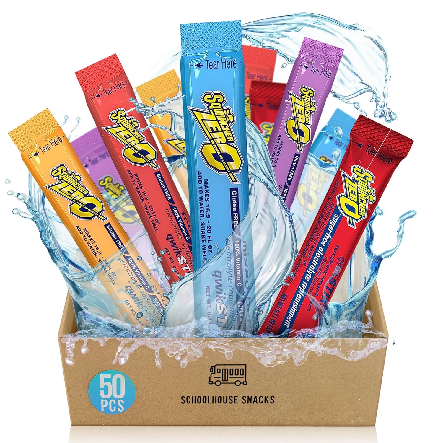 Sqwincher Zero – Mezcla de bebidas en polvo con electrolitos surtidos sin azúcar de 5 sabores Qwik Stik (50) paquete por Schoolhouse Snacks