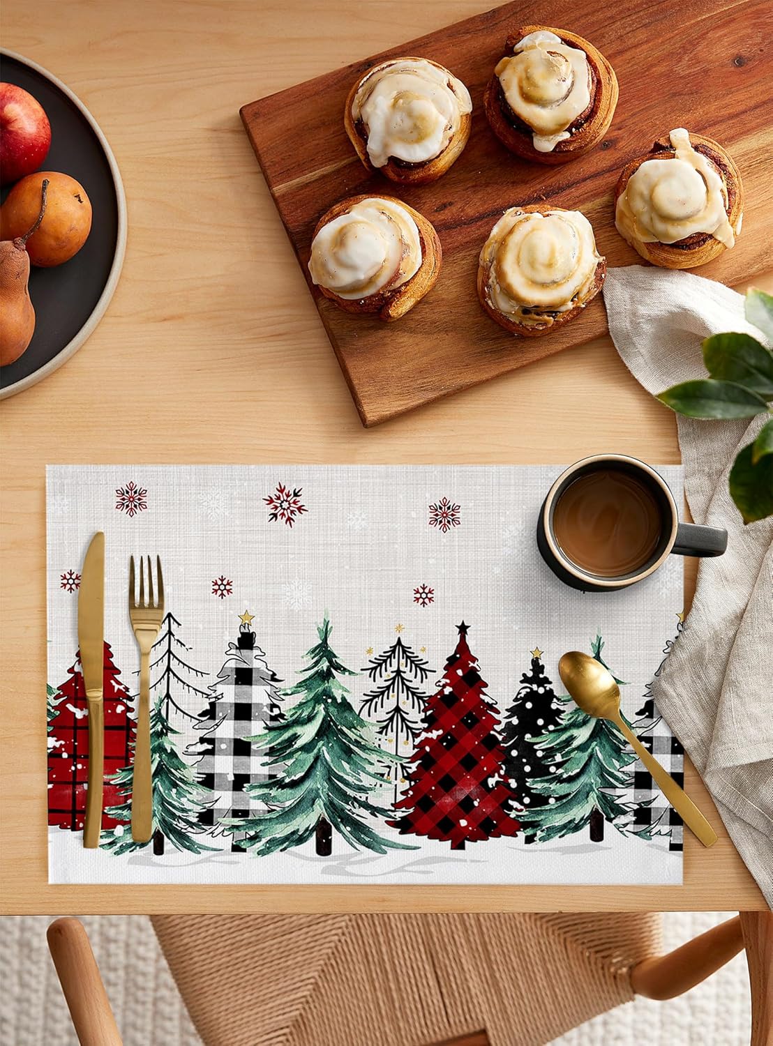 Juego de 6 manteles individuales para árbol de Navidad, antideslizantes, lavables, con diseño de árbol de granja, con copos de nieve, para mesa de
