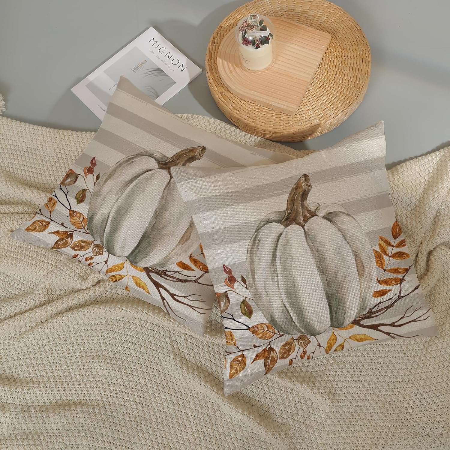 Juego de 2 fundas de almohada de otoño de 16 x 16 pulgadas, diseño de calabaza a rayas grises para sofá, hojas de arce, cosecha de otoño, interiores