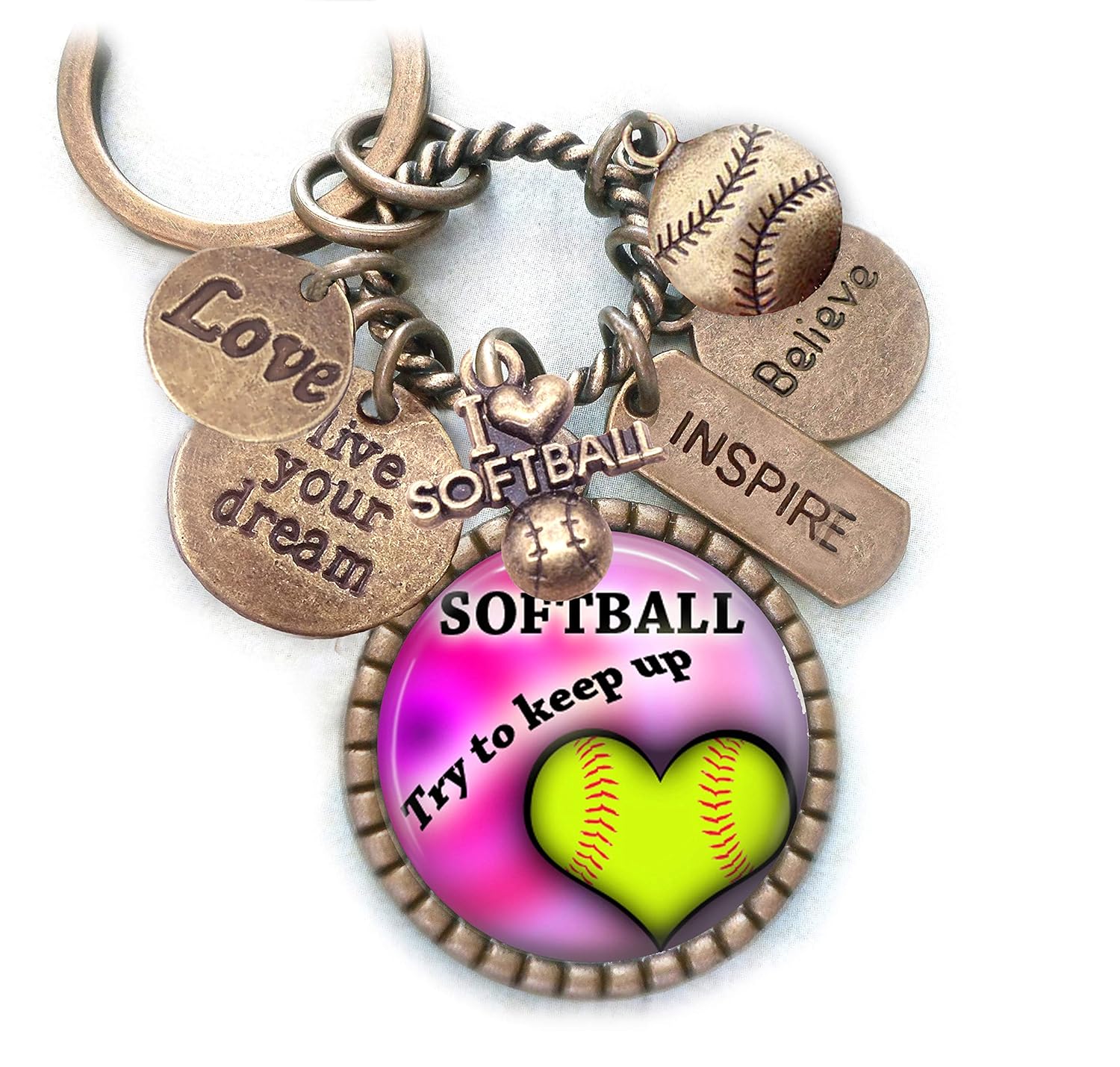 Softball Try to Keep Up Keychain, Backpack Clip or Necklace, Live Your Dream, Believe and Inspire, I Love Softball, Girls, Teens, Great Player Gift
