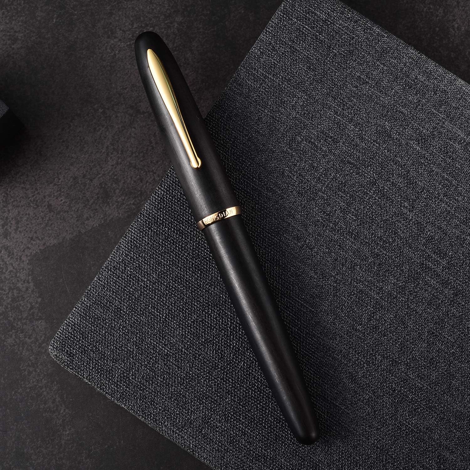 HongDian 660 pluma estilográfica de madera de ébano natural, pluma de escritura fina de iridio con estuche de metal