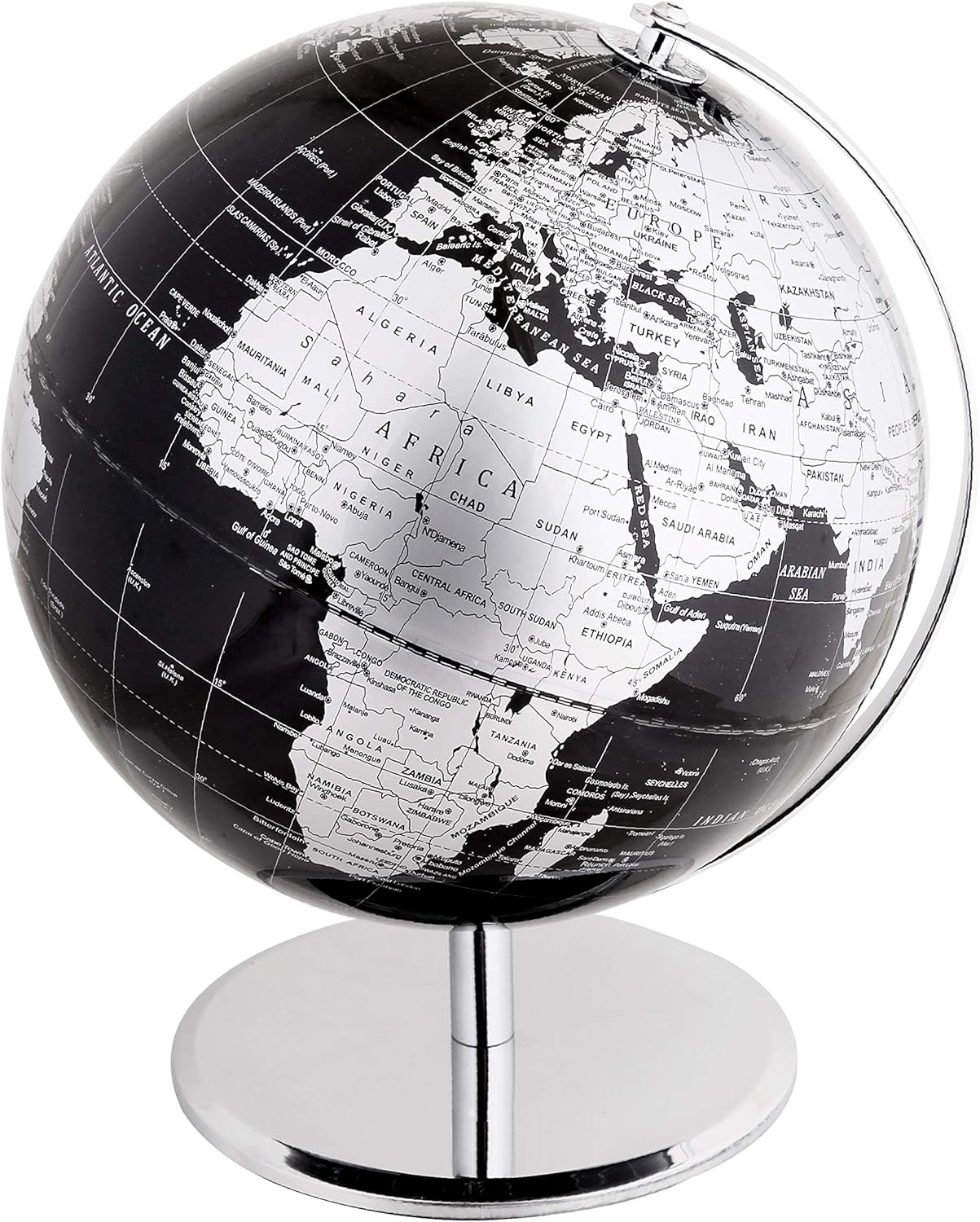 Exerz Globo del mundo de 10 pulgadas, arco y base de acero inoxidable, decoración educativageográficamoderna de escritorio, color negro metálico
