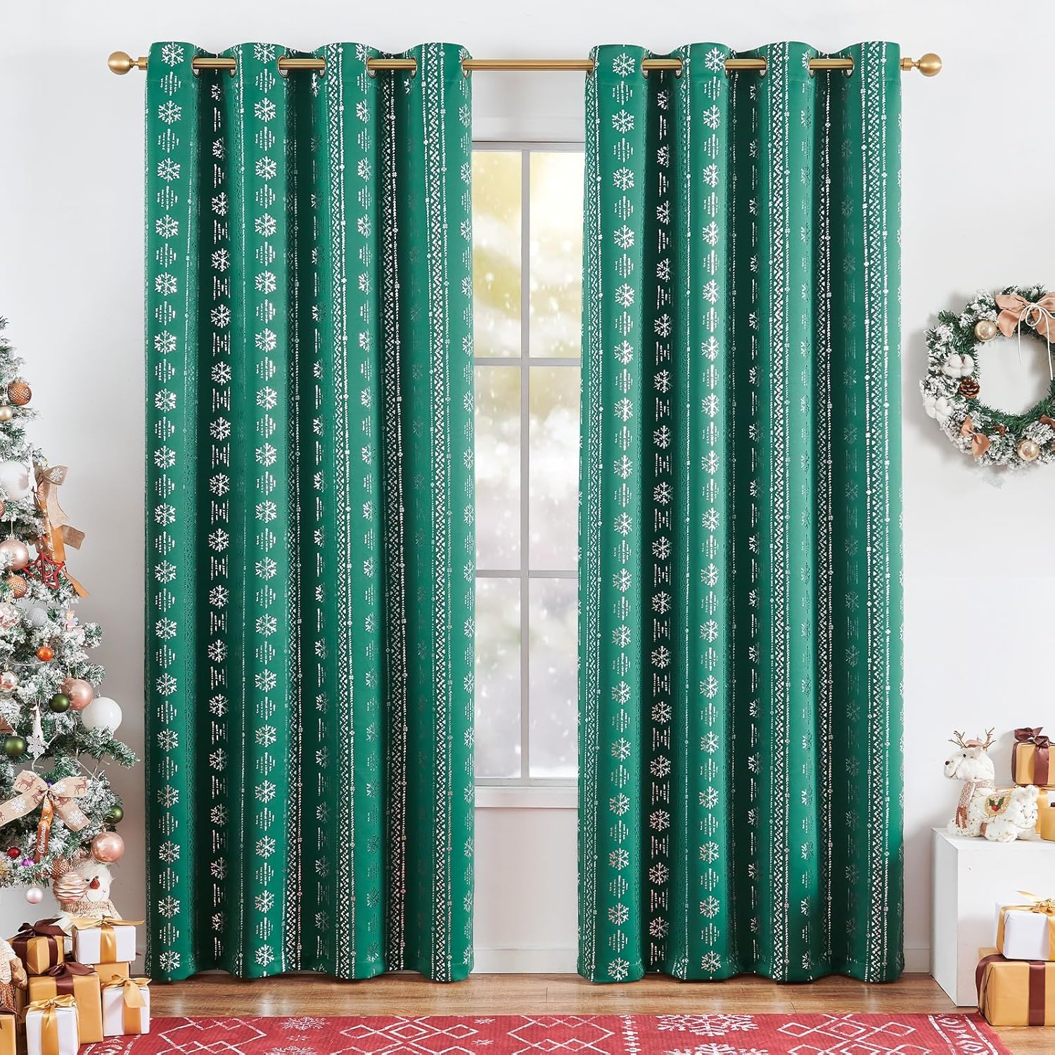 jinchan Cortinas de Navidad con copos de nieve plateados de 84 pulgadas de largo, cortinas bohemias para oscurecer la habitación, cortinas bohemias