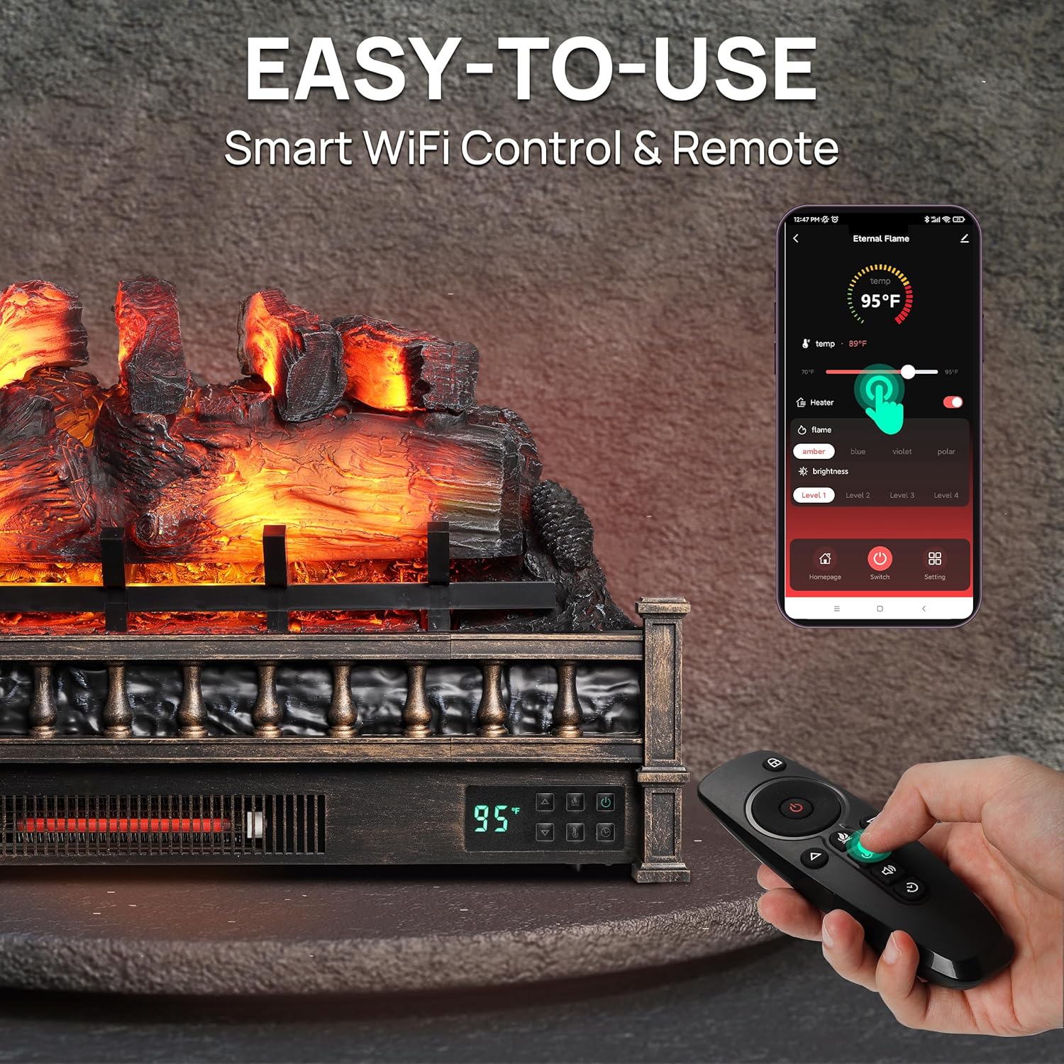 TURBRO Eternal Flame – Calentador eléctrico de cuarzo infrarrojo WiFi de 30 pulgadas con sonido crujiente, troncos de madera de pino realistas,