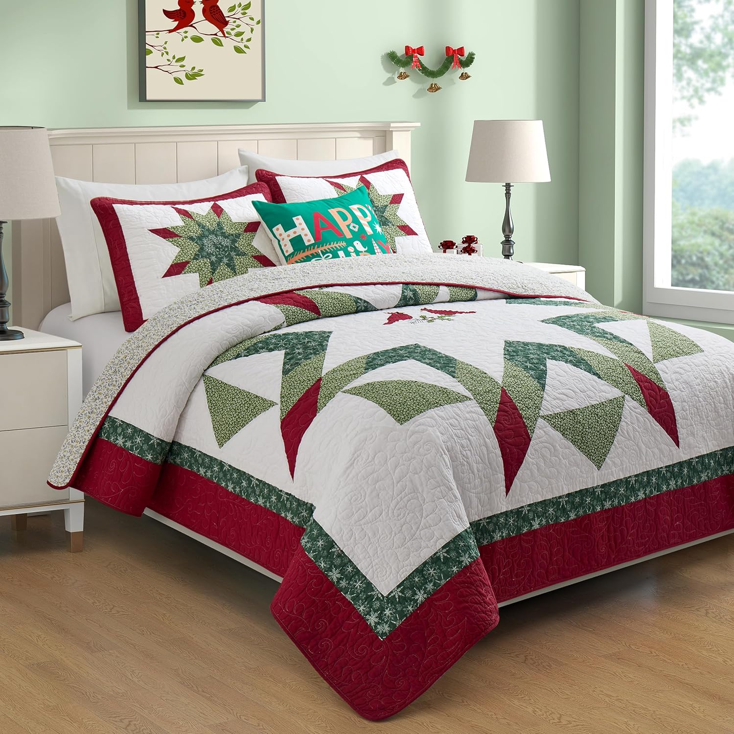 NELIFDER Juego de edredón de Navidad, tamaño Queen, 100% algodón, diseño de copo de nieve rojo, pájaro blanco, diseño de copos de nieve, diseño de