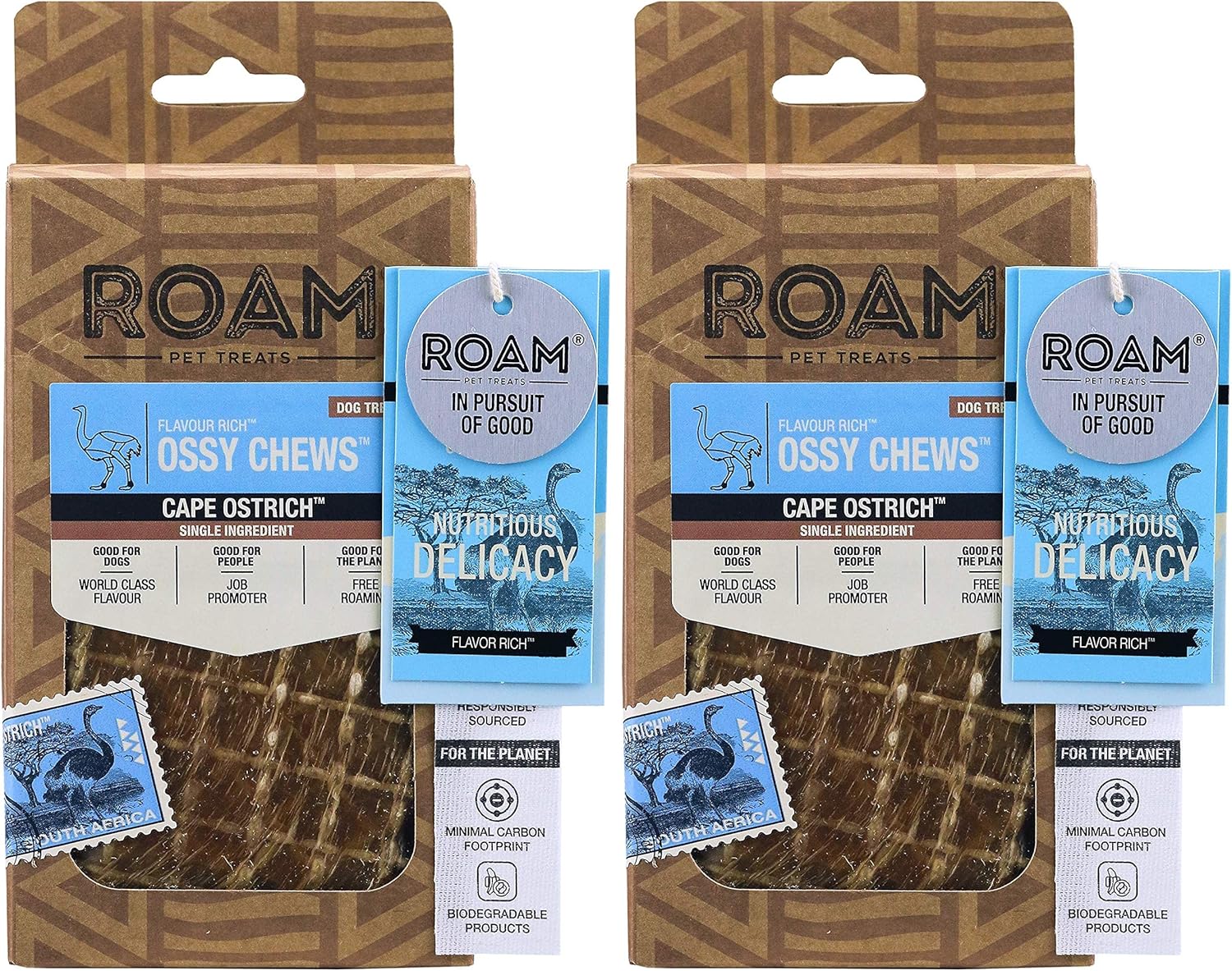 Roam Pet Treats Ostrich Gizzard Ossy Chews – Masticables masticables para perros de larga duración (paquete de 2)
