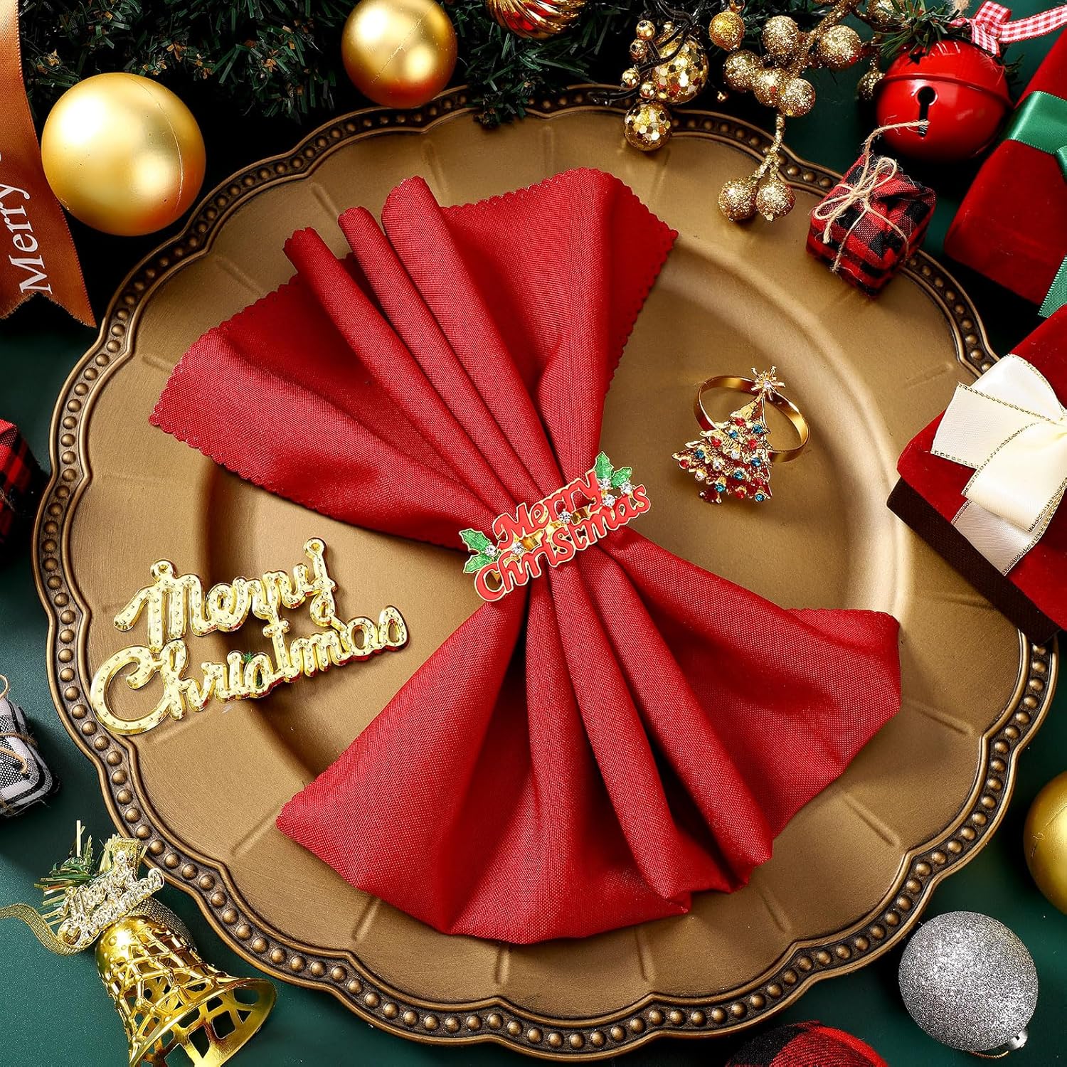 Sliner Juego de 24 servilletas y anillos de Navidad, 12 servilletas de Navidad lavables de color rojo y 12 servilleteros de Navidad para cenas