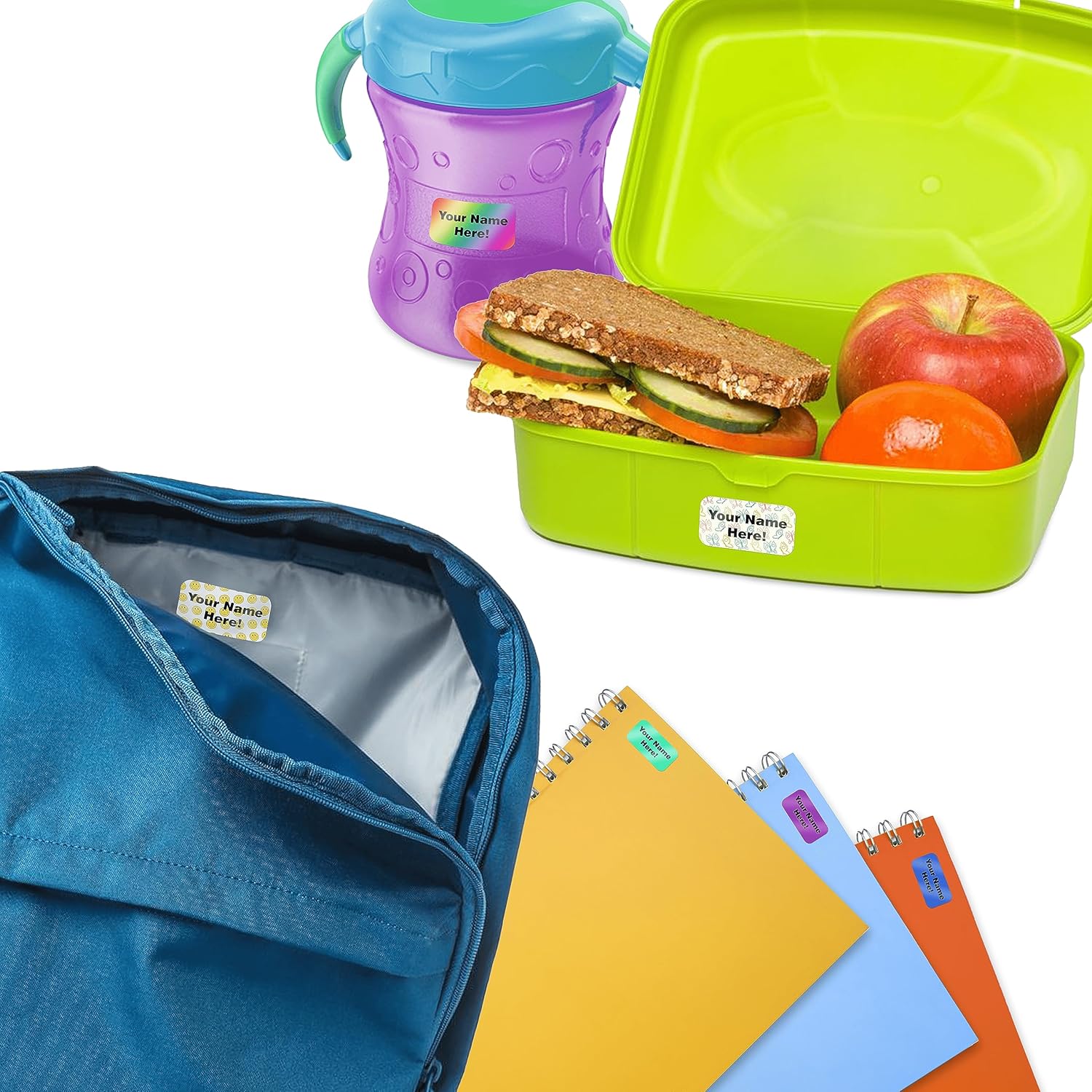 VulgrCo Etiquetas de nombre impermeables personalizables, aptas para lavavajillas, etiquetas personalizadas para botellas de agua, lonchera,