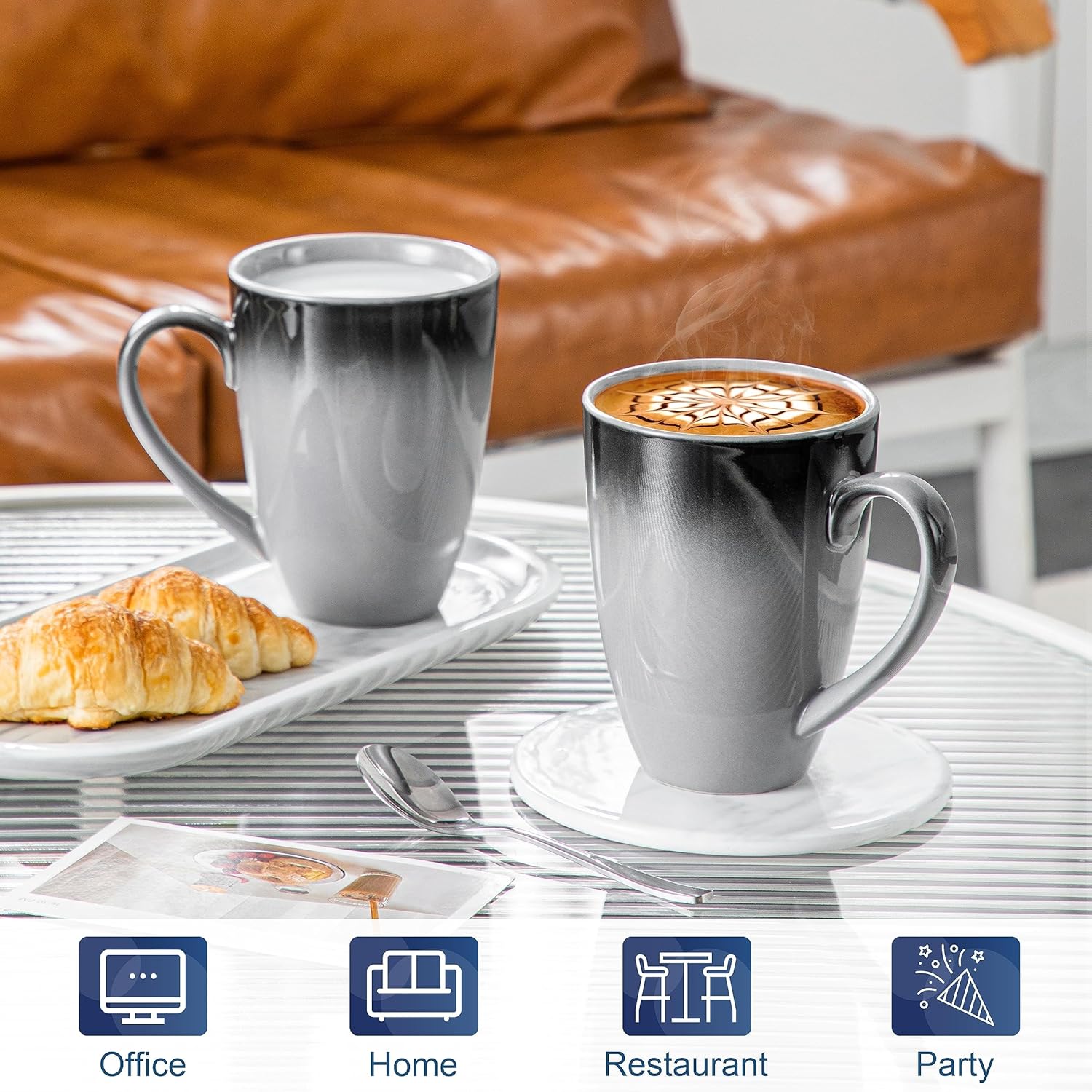 LOVECASA Juego de 4 tazas de café, tazas de porcelana de 20 onzas para café, té, cacao, capuchino, café con leche y leche, diseño de mango grande,