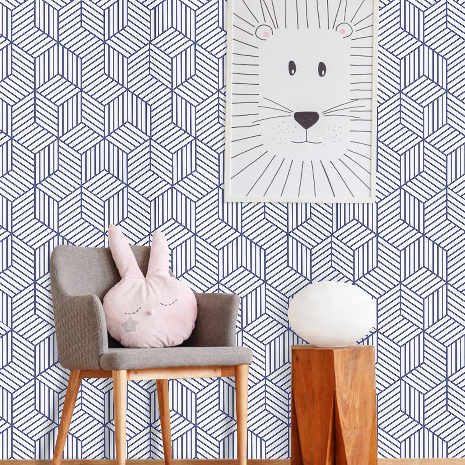 WENMER Papel tapiz hexagonal geométrico de 17.71 pulgadas x 236 pulgadas, papel tapiz adhesivo azul y blanco, papel de contacto autoadhesivo