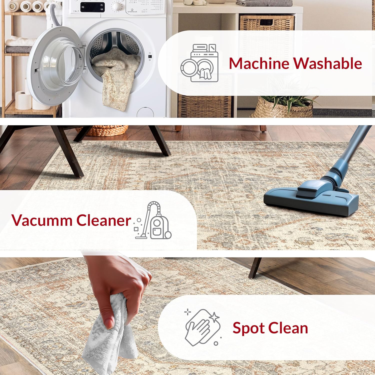 nuLOOM Rain Haven – Alfombra vintage lavable a máquina, 8 redondas, lavables a máquina, alfombra de transición gris claro  marfil para sala de