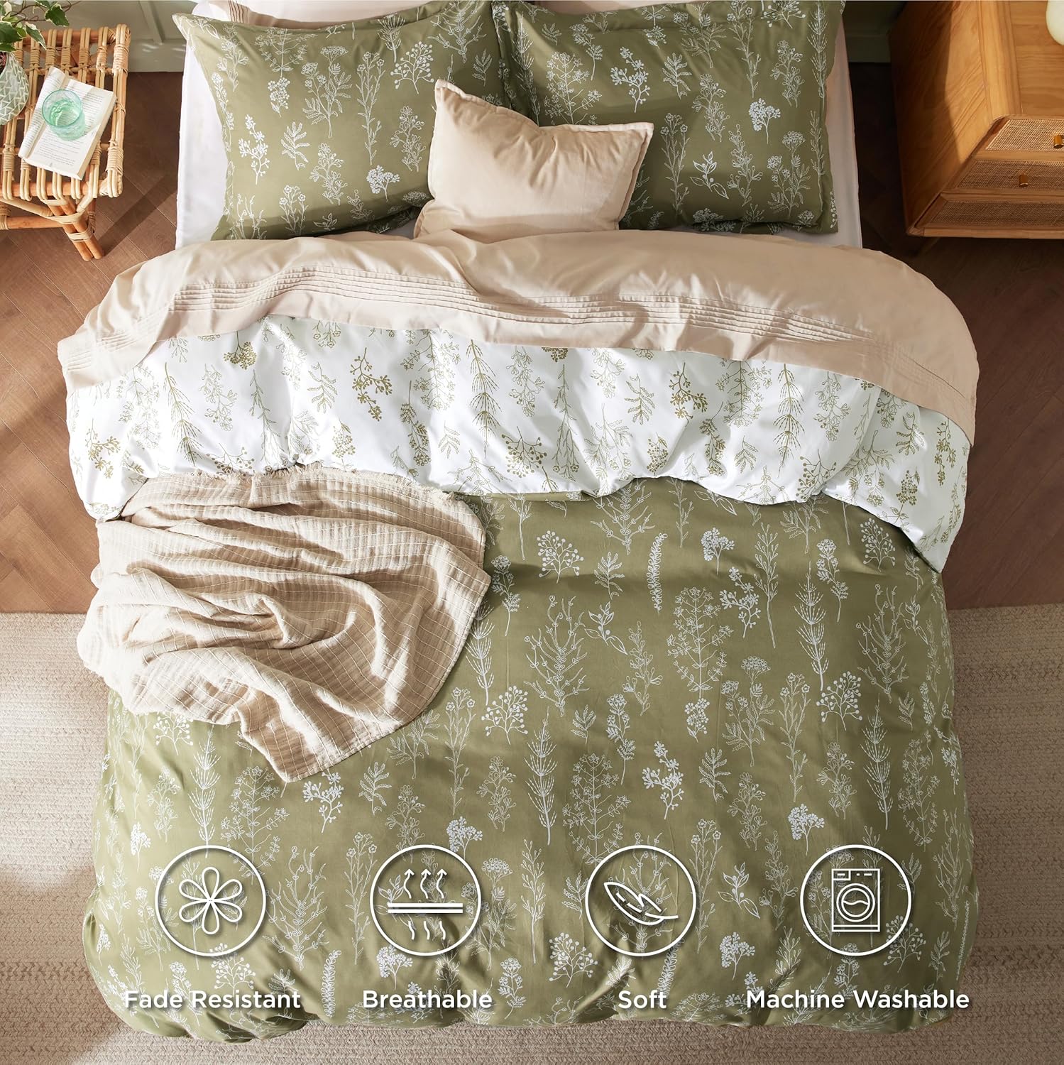 Bedsure Funda de edredón tamaño King  Juego de funda de edredón floral botánica con cierre de cremallera, juego de ropa de cama verde oliva, 3