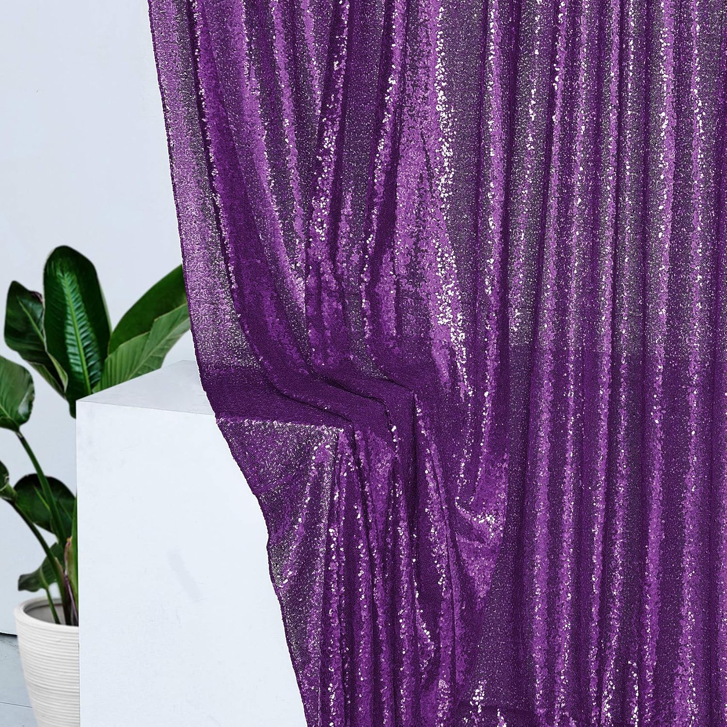 2 paneles de cortinas de fondo de lentejuelas moradas de 8 pies, fondo de tela con purpurina para decoración de Navidad, boda, fiesta