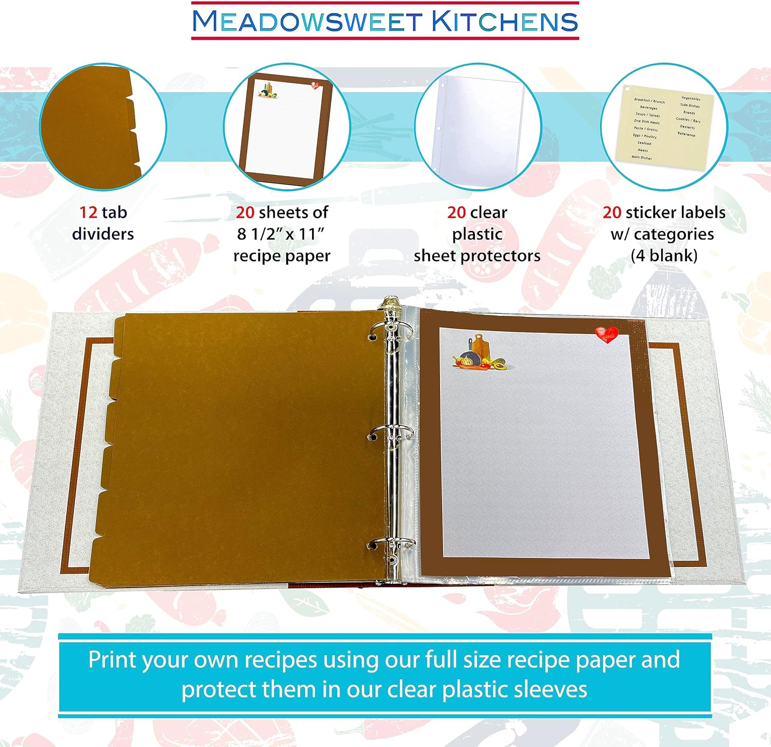 Imprime tu propio libro de recetas familiares – Carpeta de recetas con páginas de recetas de tamaño completo, fundas de plástico y separadores de