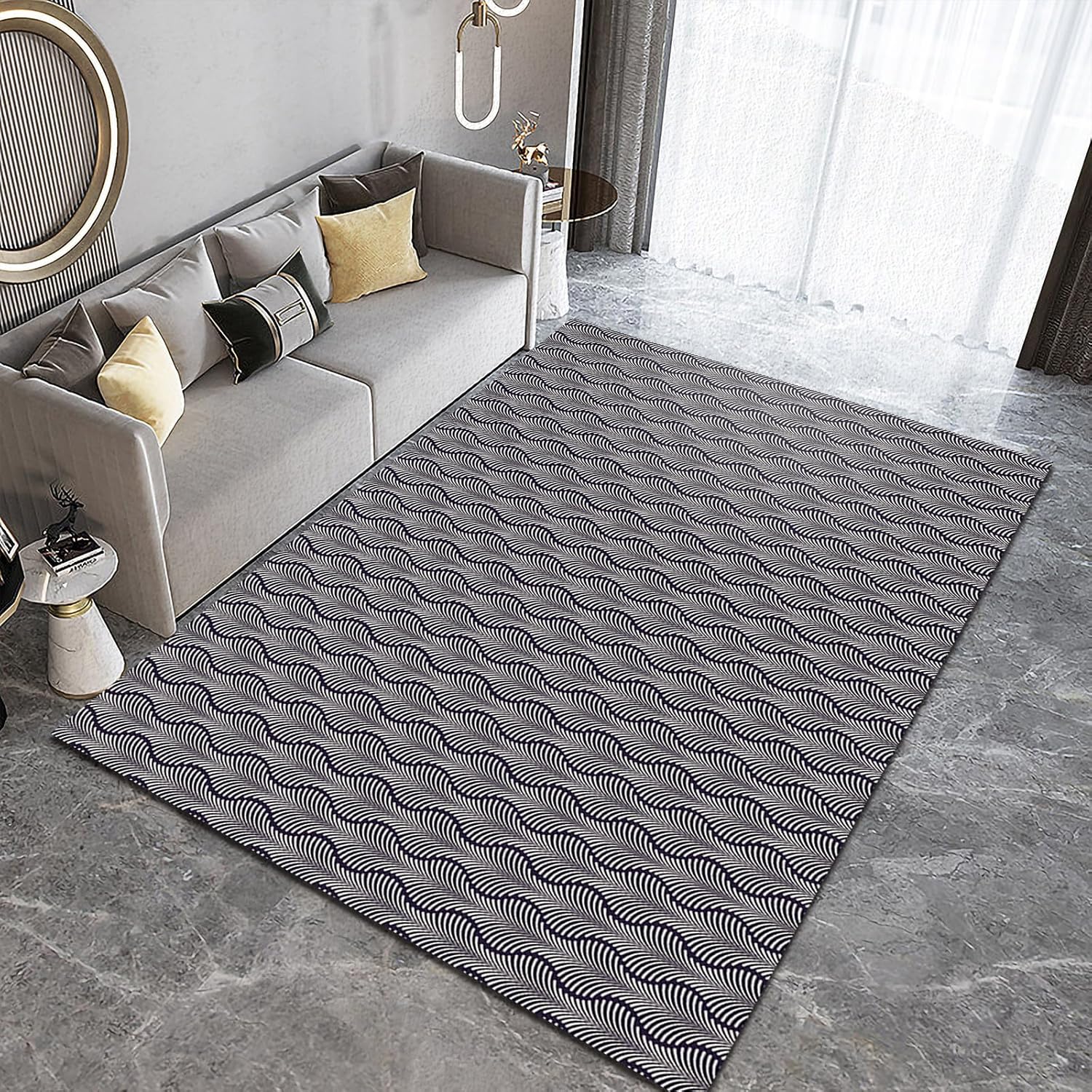 Alfombra gris creativa de líneas onduladas, exquisita arte simple, suave, lavable, alfombra de interior, fácil de limpiar, para mesita de noche,