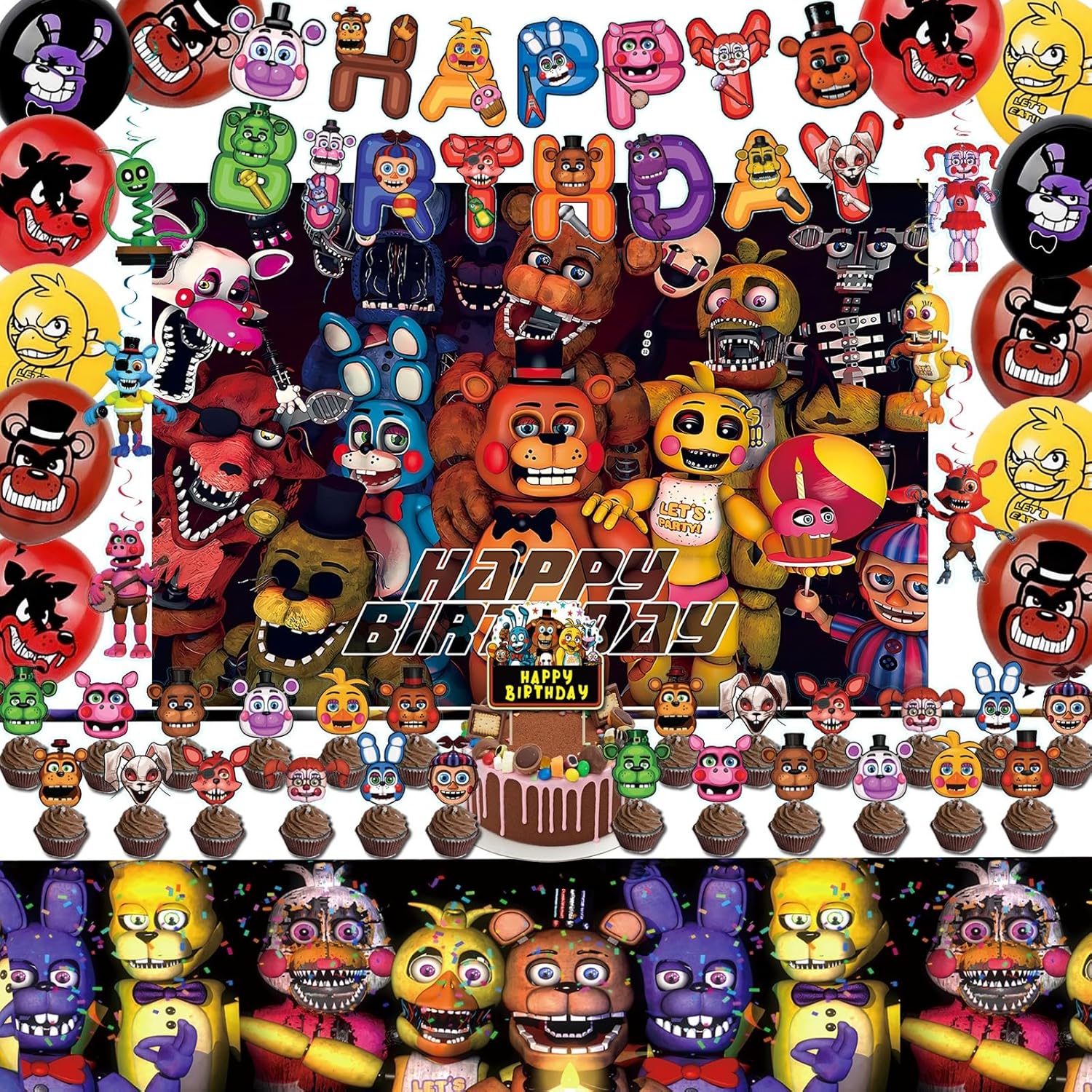 58 piezas de decoración de cumpleaños de juego, incluye pancarta, mantel, remolinos colgantes, decoración de pasteles, telón de fondo, globo, juego