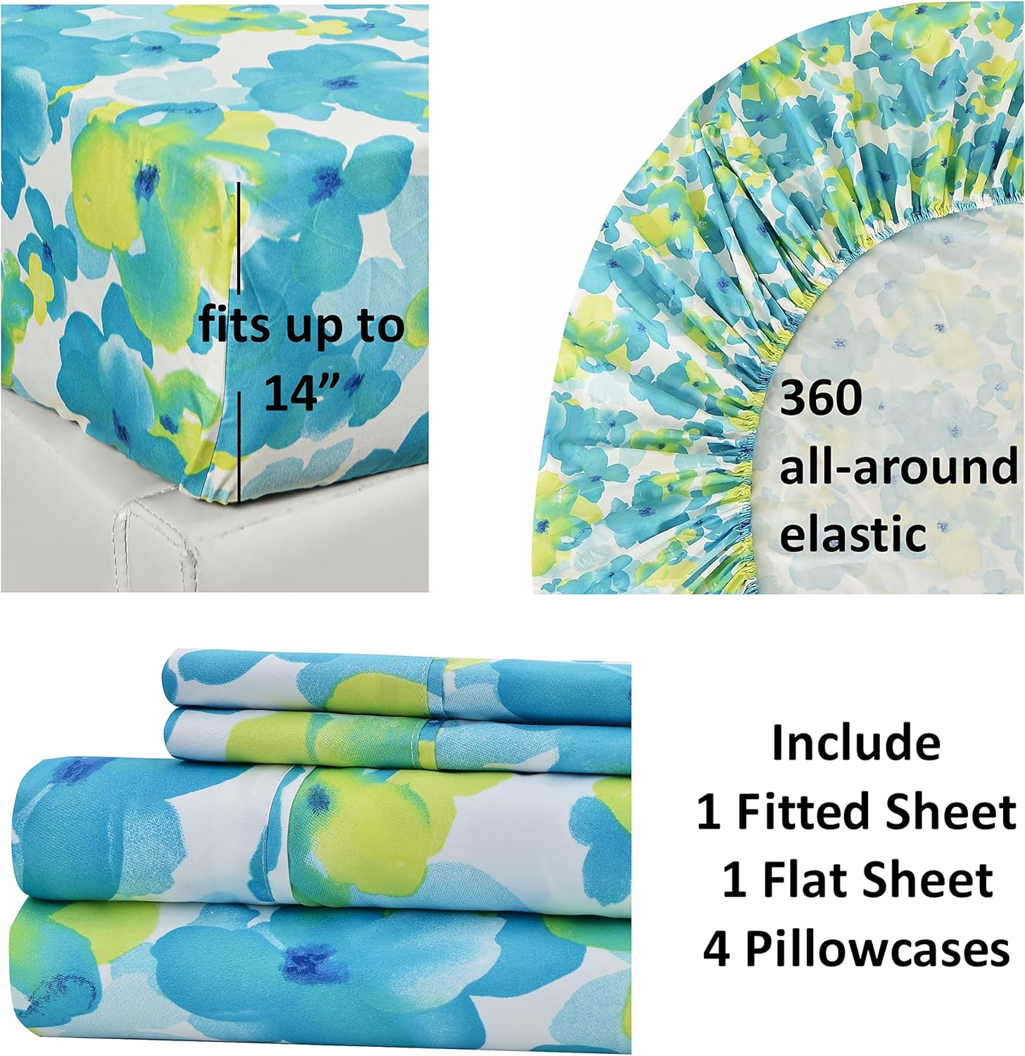 American Home Collection Juego de sábanas y fundas de almohada estampadas de 6 piezas de microfibra cepillada, sin arrugas, 14 pulgadas de
