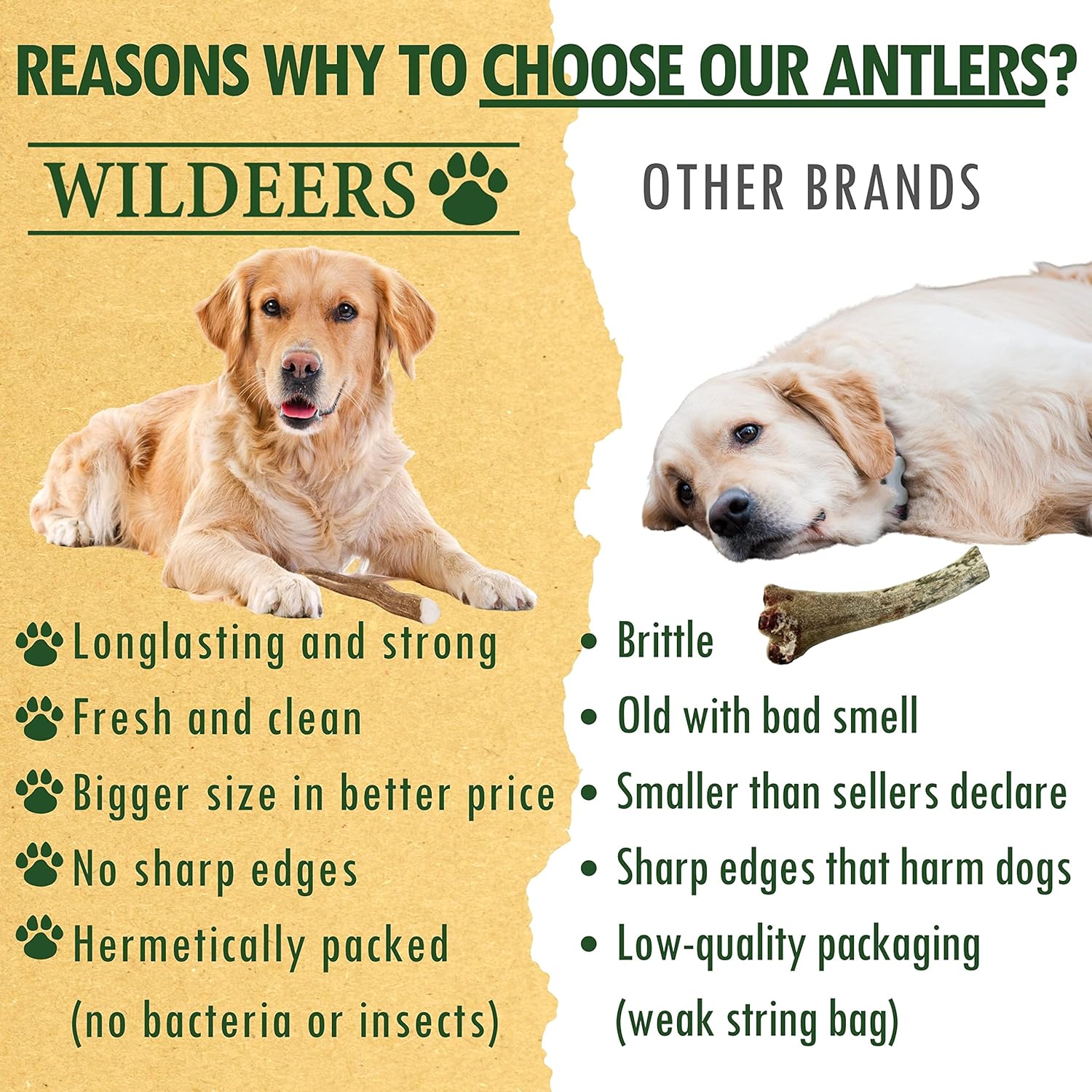 Wildeers Cuernos de alce para perros medianos, paquete de 2, masticables enteros para perros, tratamiento estimulante de la mente, desprendimiento