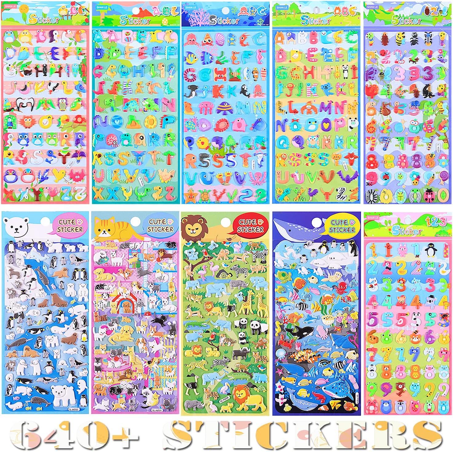 10 calcomanías 3D de animales hinchados, CNYMANY 640+ letras con números de vida marina para niños pequeños, niños, bolsas de golosinas, suministros