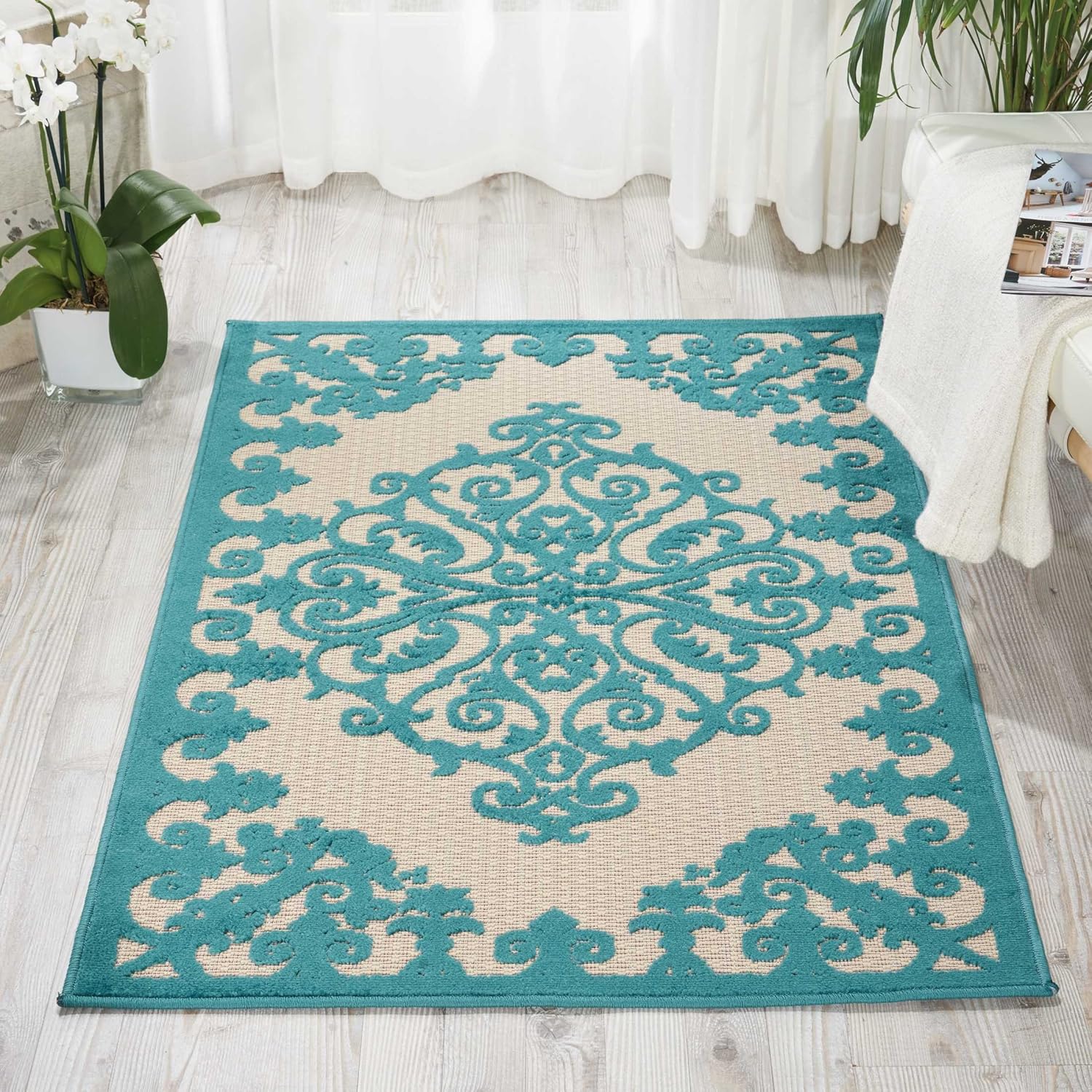 Nourison Aloha – Alfombra para interiores y exteriores, 2.8 x 4 pies, tropical, botánica, fácil de limpiar, no se desprende, para dormitorio, sala