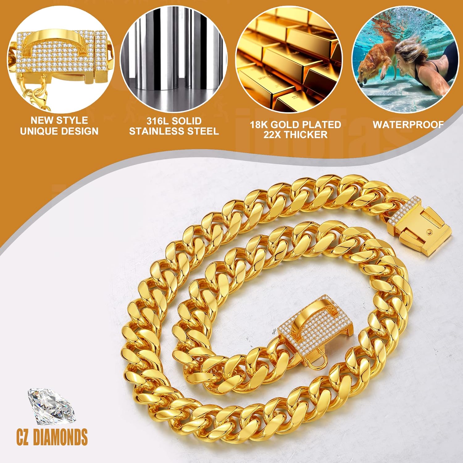 Collar de cadena para perro, collar dorado de 0.394 pulgadas con eslabones cubanos de acero inoxidable con hebilla de diamante de circonita cúbica,