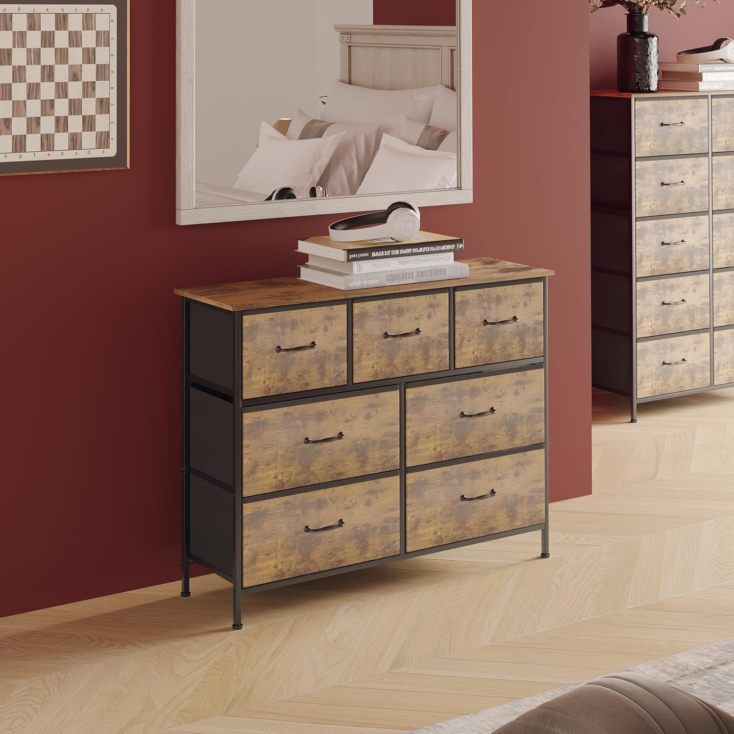 LunarLight Cómoda de 7 cajones, organizador alto de almacenamiento con parte superior de madera, soporte de TV, organizador de armario, cómoda