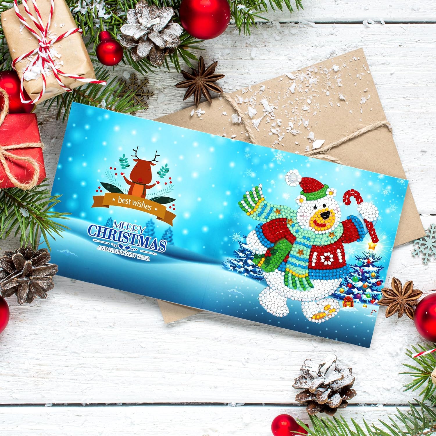 pigpigboss Paquete de 8 tarjetas de felicitación con pintura de diamantes, árbol de Navidad, muñeco de nieve, tarjetas de pintura de diamantes de