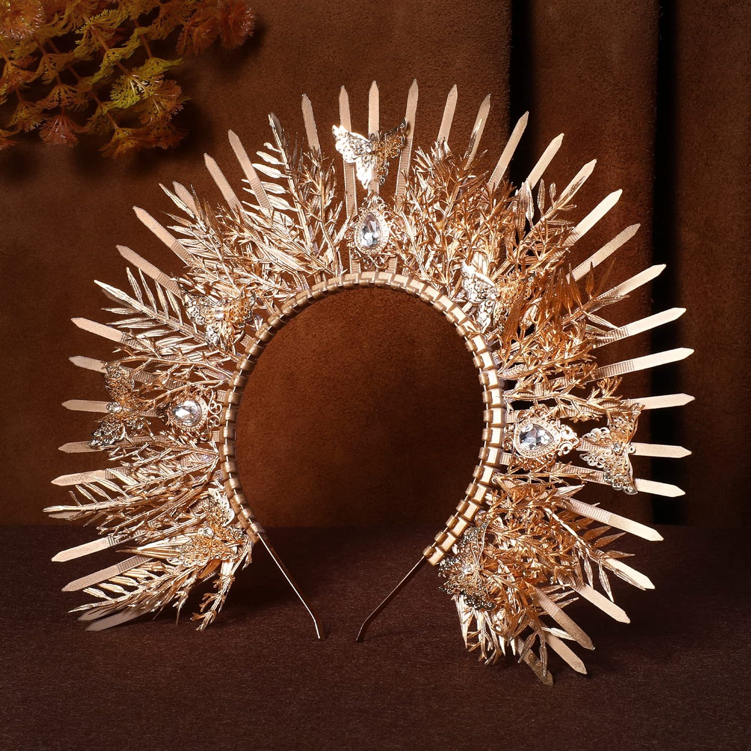 Halo Crown Headband Gold – Spike Zip Tie Headwear Virgin Mary Headpiece Birthday Sunburst Tiara for Women Wedding Photoshoot Festival Costume with