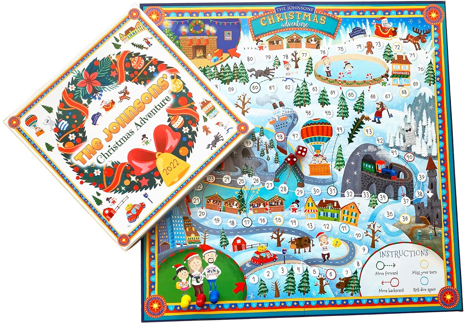 Retro Vintage Style Roll-and-move Board Game Christmas Adventure Personalized Game for Kids and Adults
