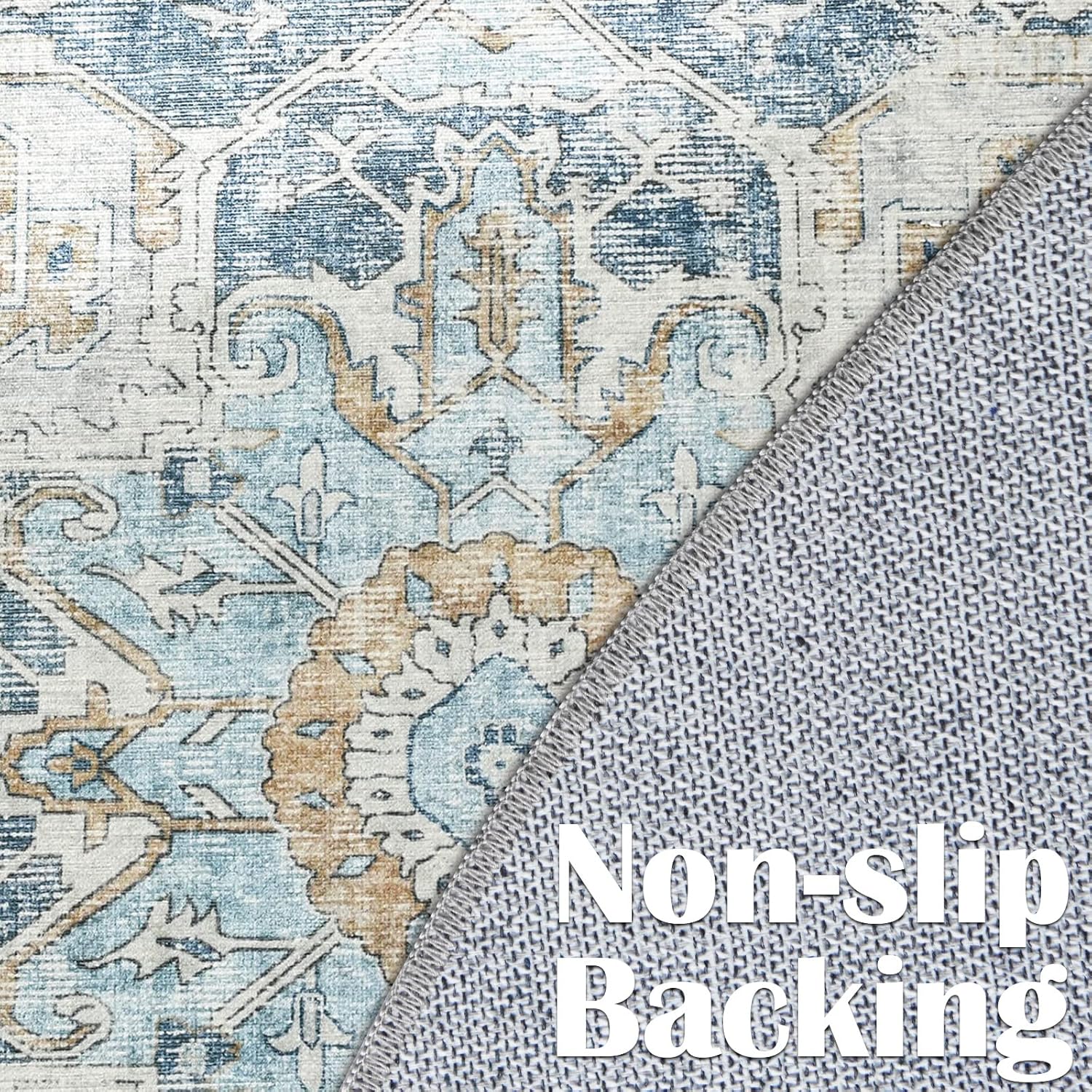 jinchan Tapete redondo de felpilla de 5 pies, lavable, vintage para interiores, con estampado azul multi, desgastado, antideslizante para cocina,