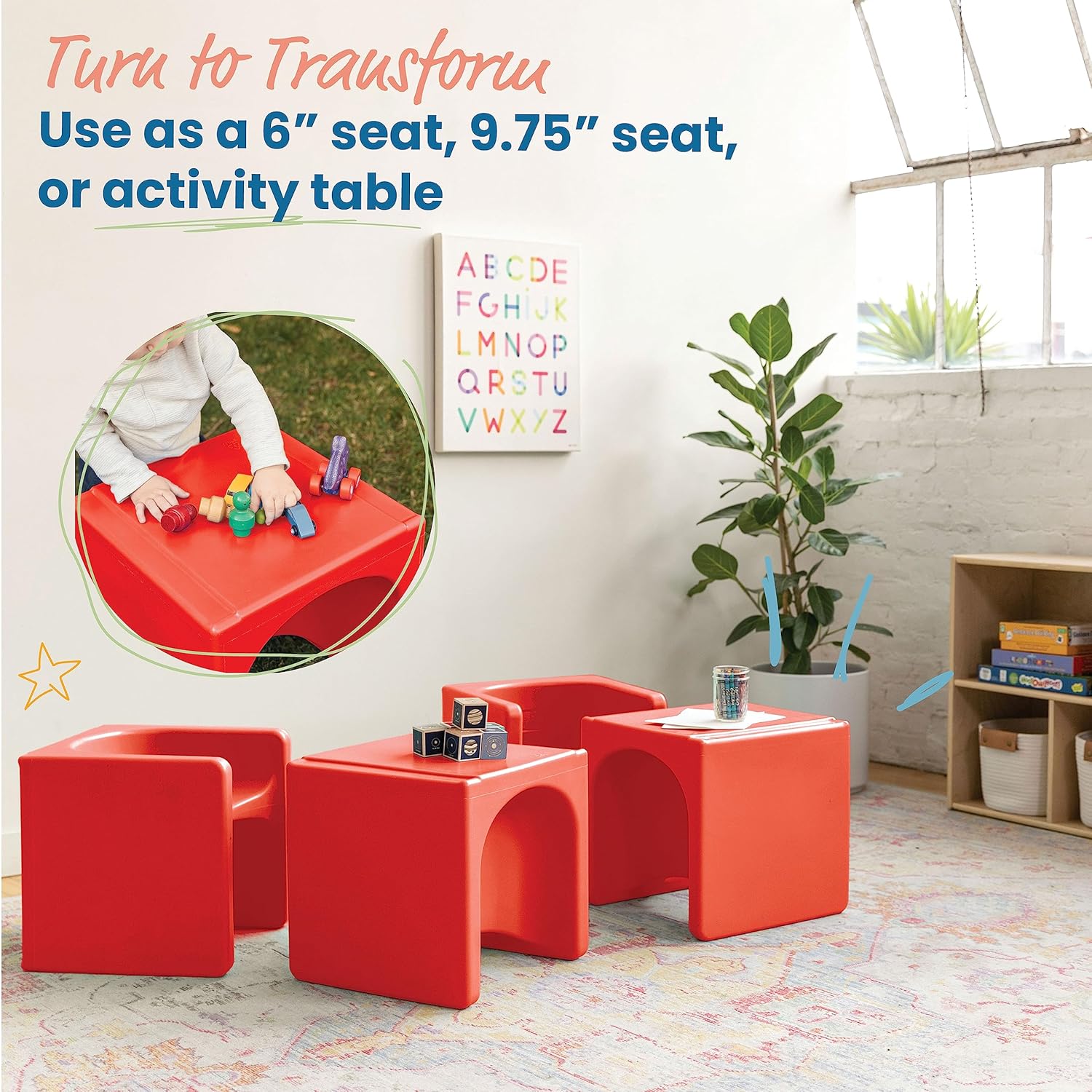 ECR4Kids Tri-Me 3 en 1 silla cubo, muebles para niños, rojo