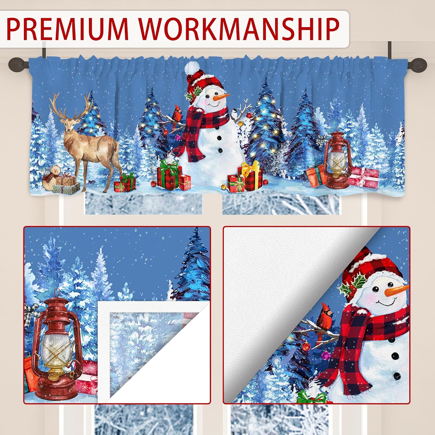 Cortina de cenefa de Navidad de muñeco de nieve para cocina, 18 x 54 pulgadas, decoración de ventana de cocina, cenefas de invierno de ciervos para