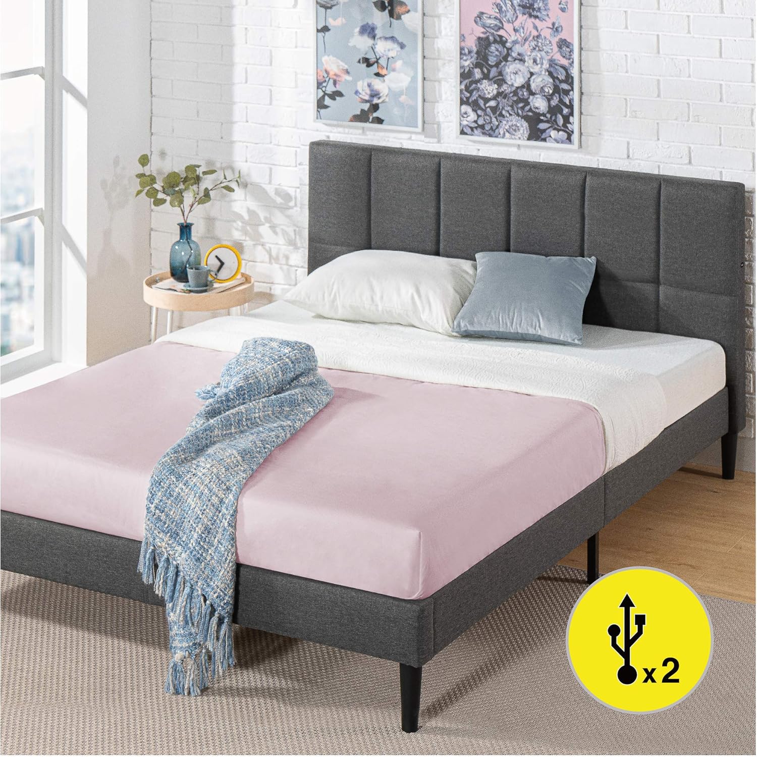 ZINUS Lottie – Base de cama tapizada con cabecero corto y puertos USB, base de colchón, soporte de listones de madera, no necesita somier, fácil