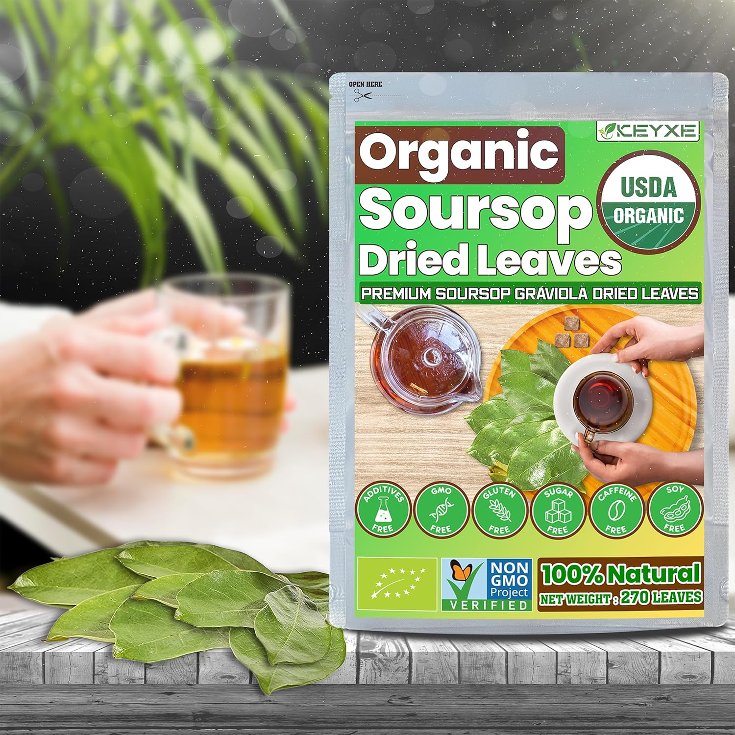 KEYXE Té de guanábana certificado orgánico por USDA y verificado sin OMG, 50 bolsas de té de guanábana hechas a mano con 100% hoja de guanábana, sin