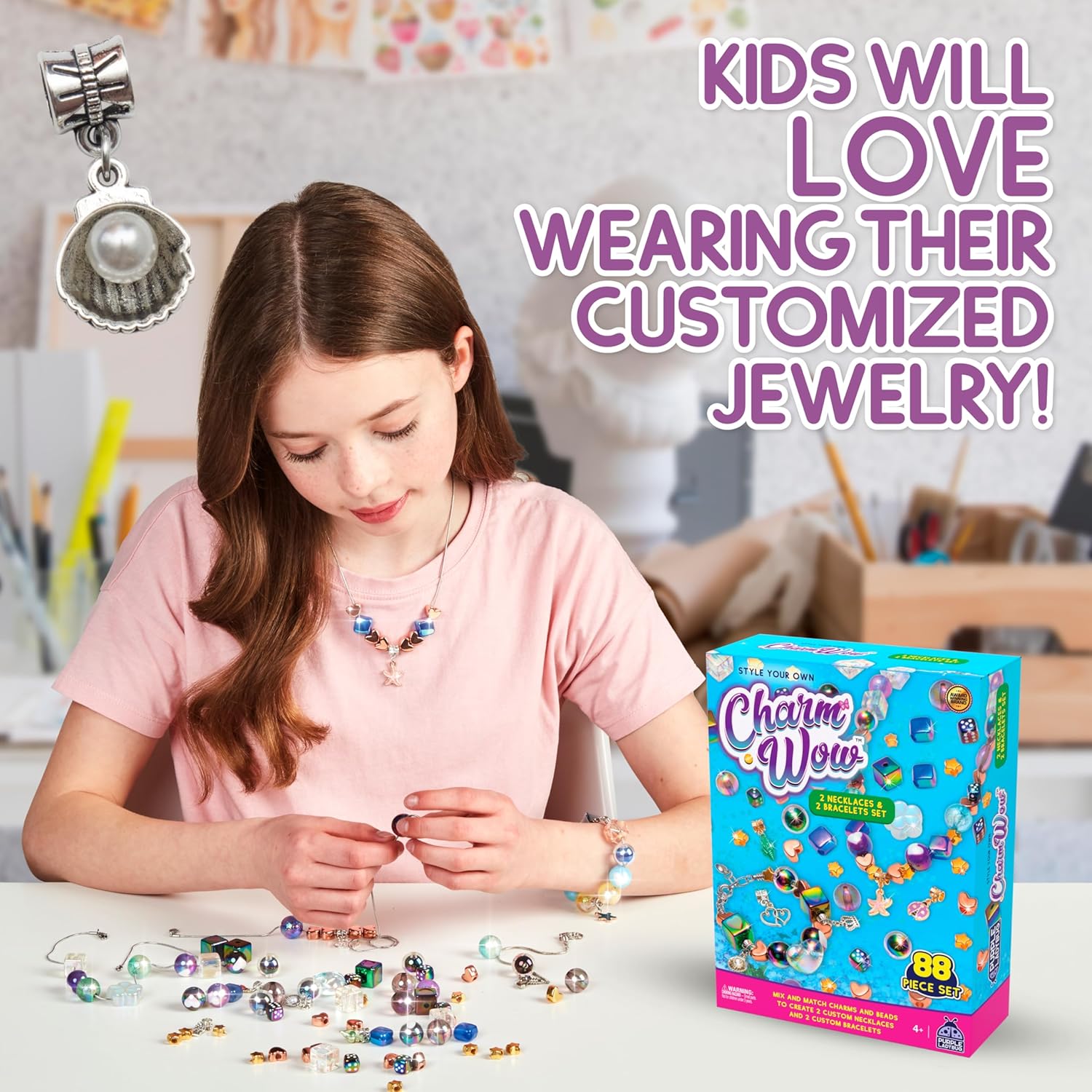 CharmWow – Kit de fabricación de joyas para niñas de 5 a 7 años en adelante, kit de fabricación de collares y pulseras para niños con cuentas