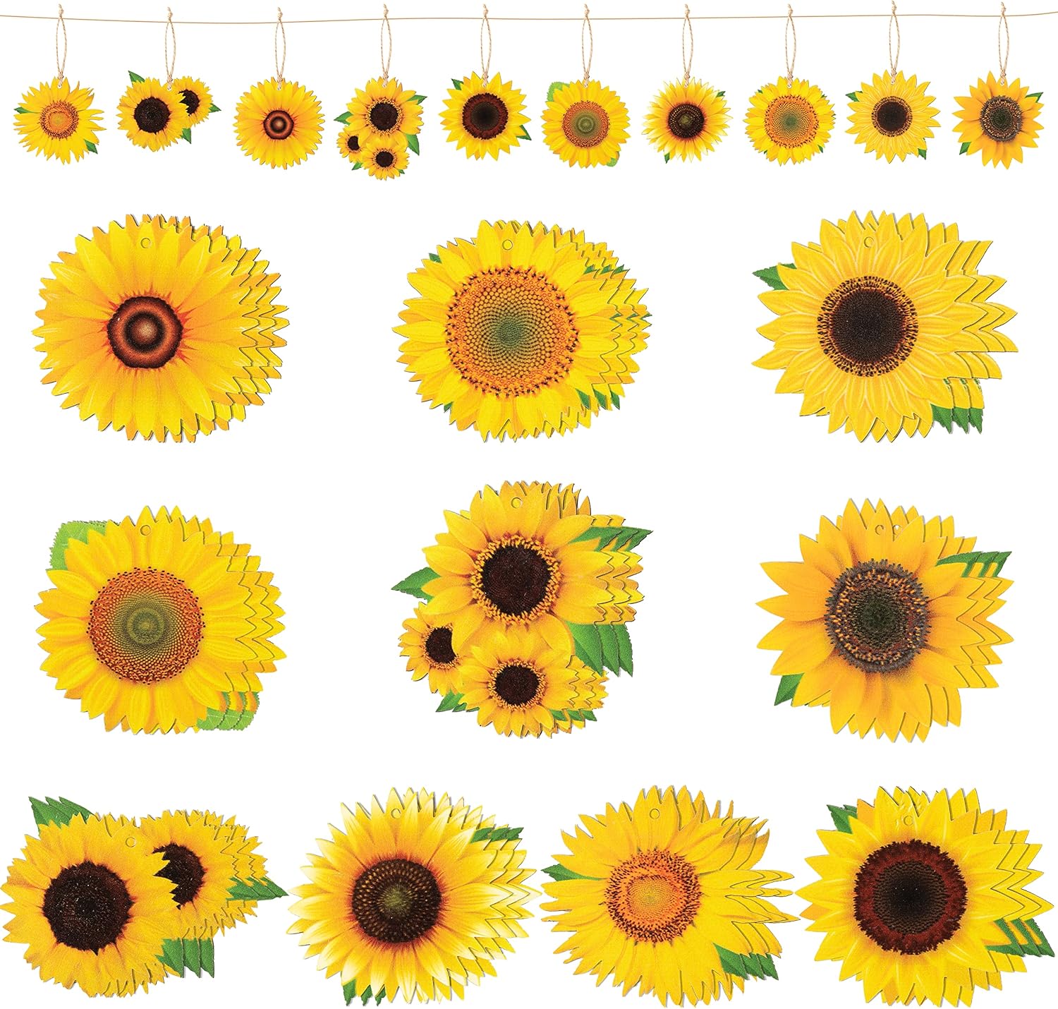 WATINC Juego de 31 adornos colgantes de madera de girasol para primavera y verano, decoración colgante de madera de girasoles, decoración rústica de