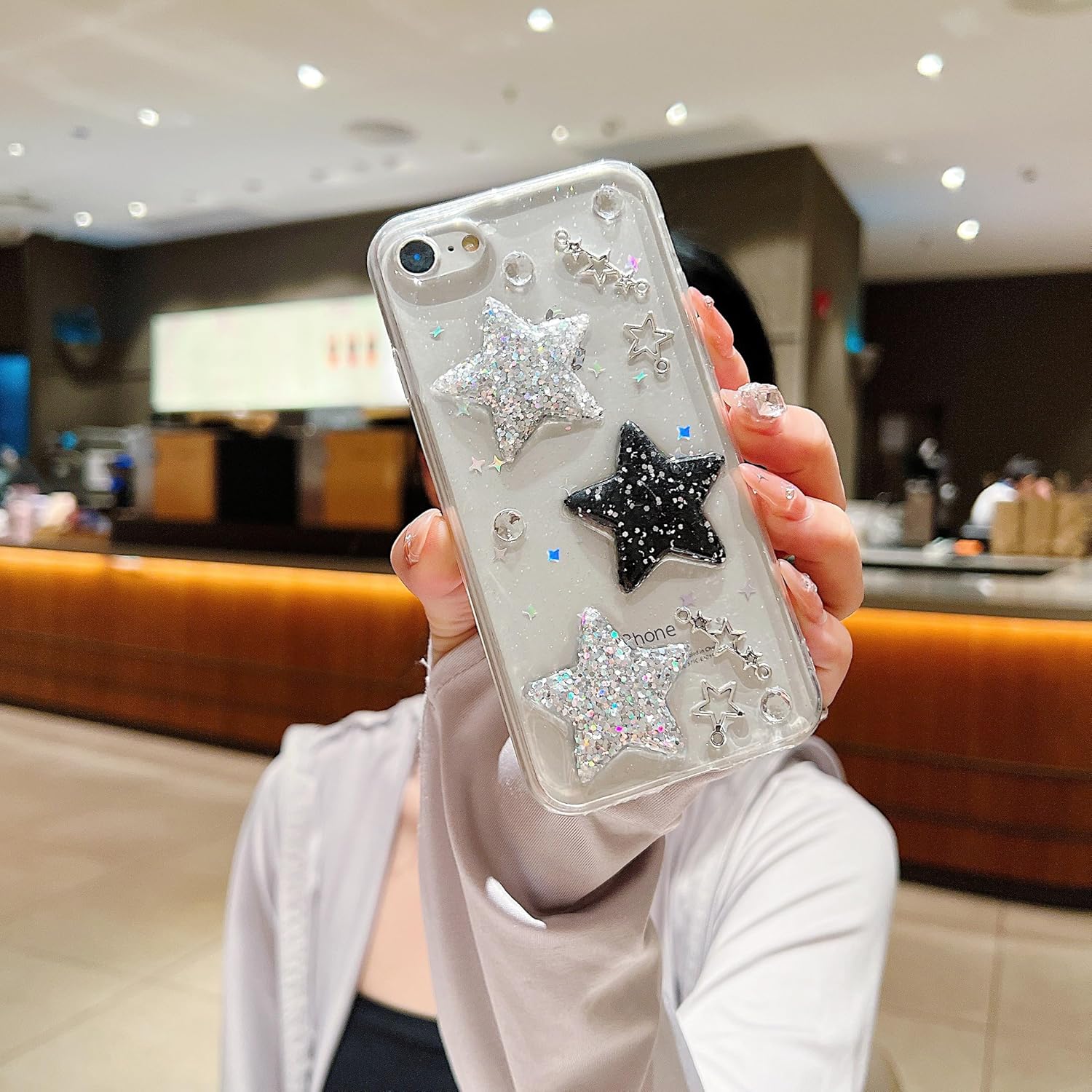 HJWKJUS Funda compatible con iPhone 6, iPhone 6s para mujeres y niñas, bonita funda protectora de TPU suave con purpurina y estrellas 3D con perlas