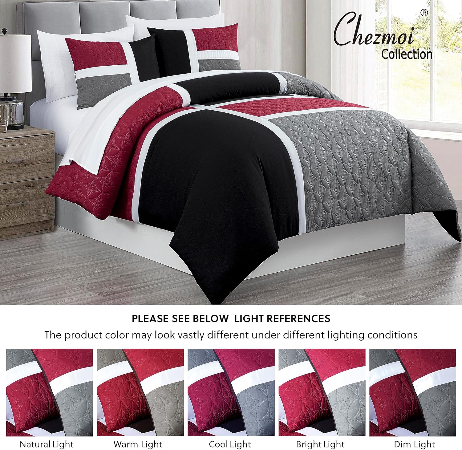 Chezmoi Collection Bernard – Juego de edredón de 7 piezas tamaño King en una bolsa con sábanas, edredón ligero, color rojo, gris, negro, medallón