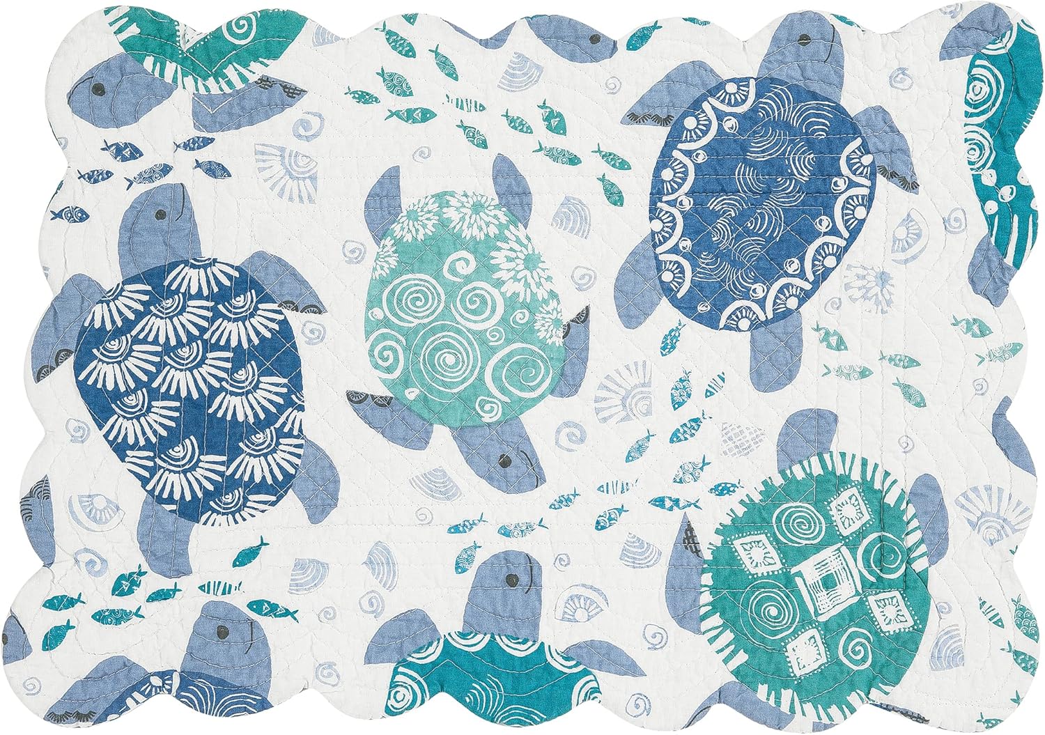 C&F Home Turtle Bay – Juego de 6 manteles individuales rectangulares acolchados y reversibles, color blanco, azul, verde azulado, playa, costero,
