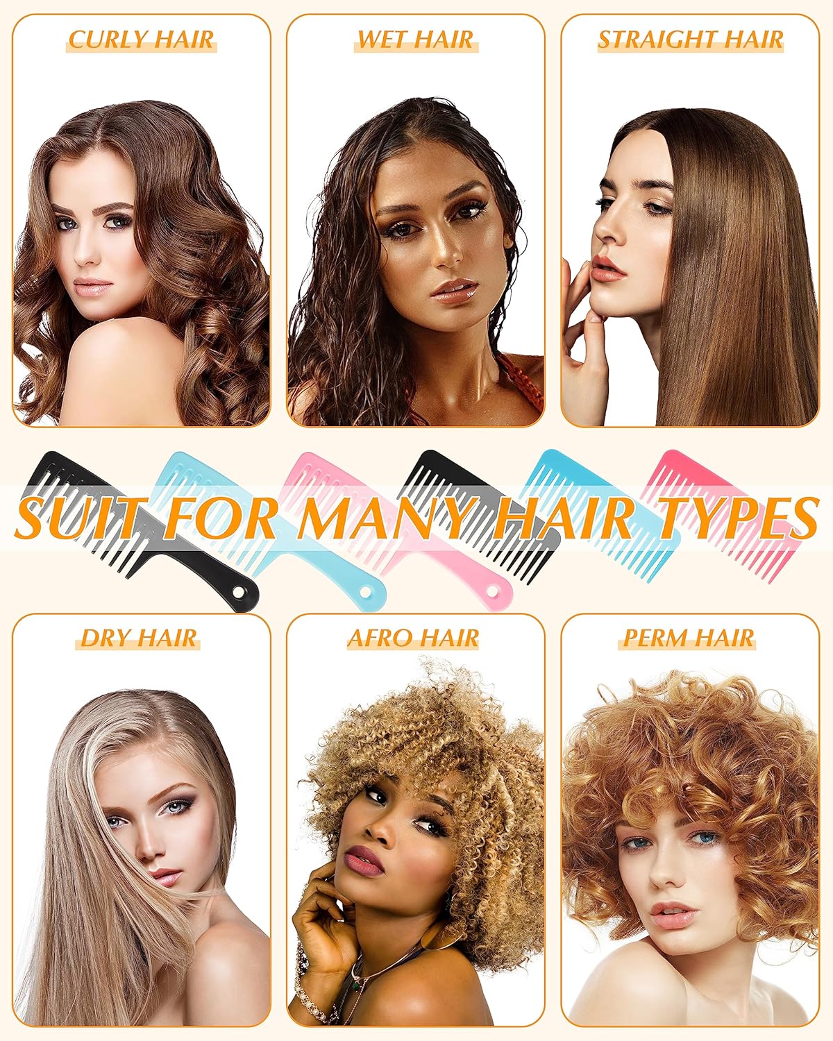 Peine de dientes anchos, 6 peines grandes para desenredar, cepillo de pelo para peinar, desenredar el cabello rizado, cabello largo, cabello mojado..