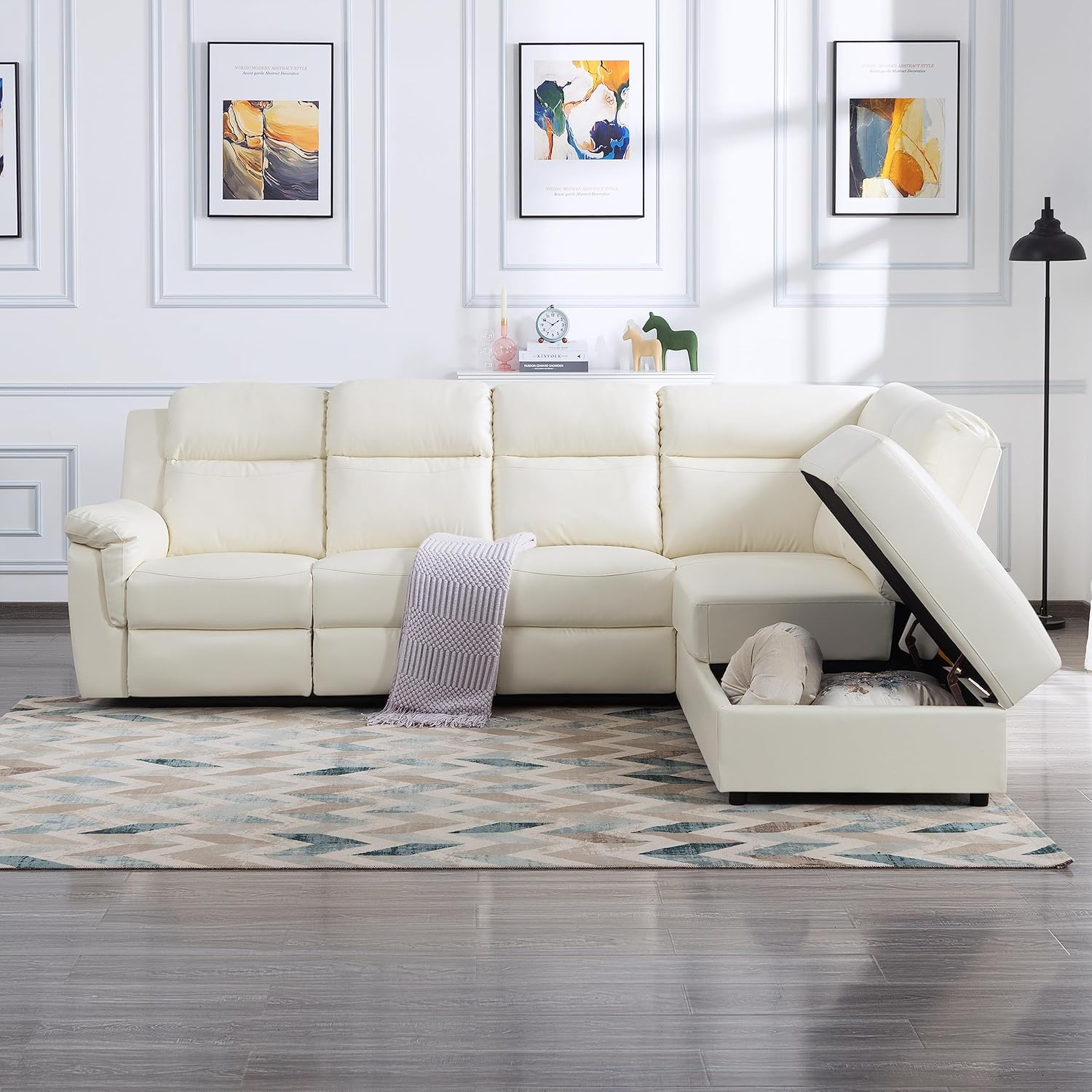 Moderno sofá seccional reclinable manual de piel sintética, 2 portavasos y otomana Sorage, esquina en forma de L de poliuretano 5 sofás para sala de