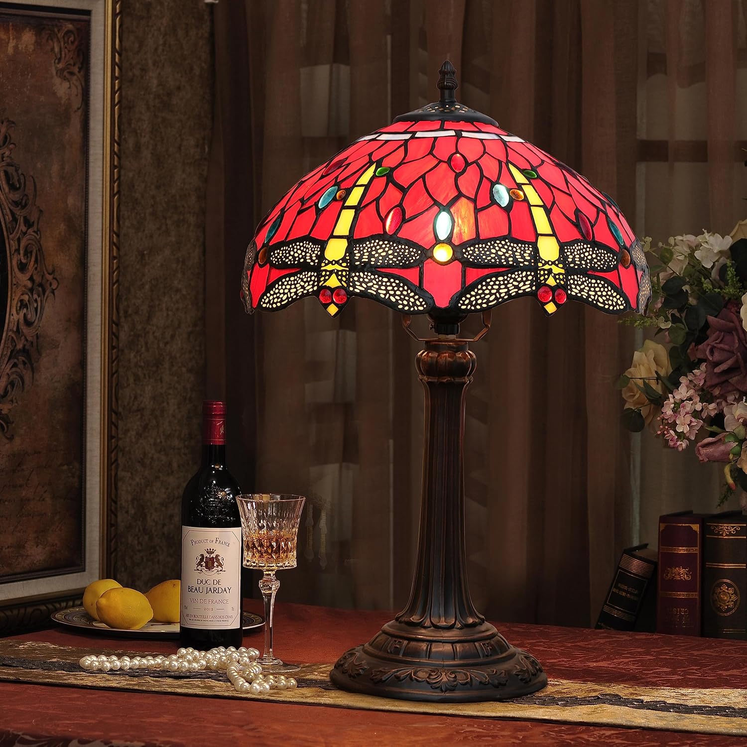 Tiffany Lámpara de mesa con libélula roja, 12 x 12 x 18 pulgadas, estilo libélula roja, luz de lectura, decoración al lado del dormitorio, sala de
