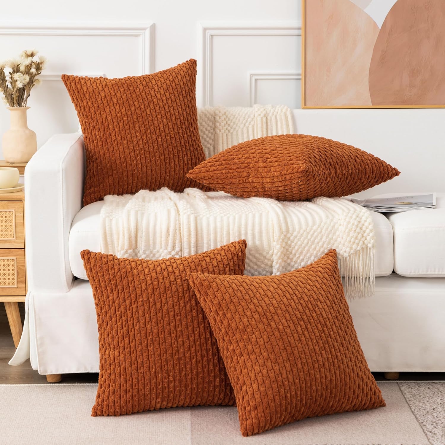 UGASA – Funda de almohada decorativa de pana suave de 26 x 26 pulgadas, estilo bohemio, a rayas, decoración moderna del hogar para sofá, sala de