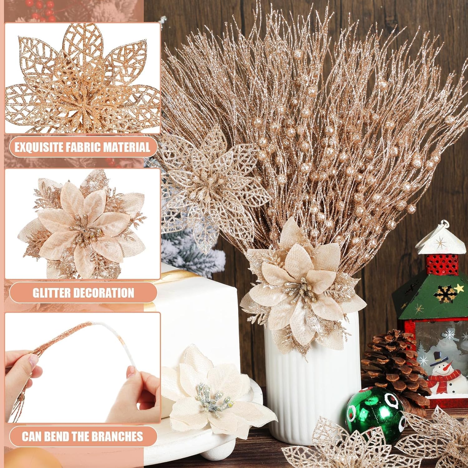 45 flores de Pascua con purpurina de 5.3 pulgadas, púas de bayas artificiales de 17 pulgadas, adorno para árbol de Navidad, flores artificiales de