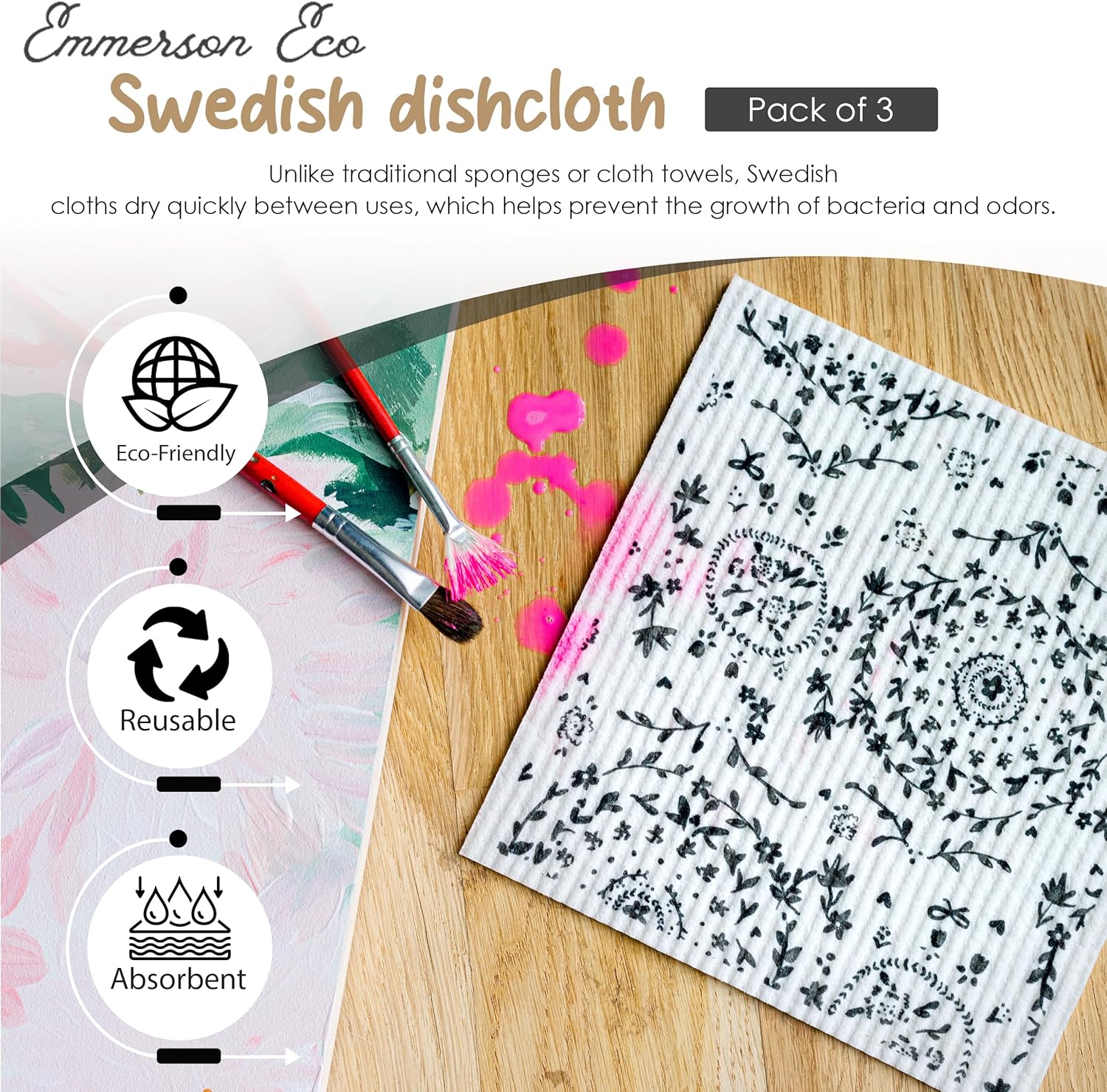 Paquete de 3 paños de limpieza suecos para cocina, reutilizables, altamente absorbentes, de secado rápido, biodegradables, compostables, no rayan,