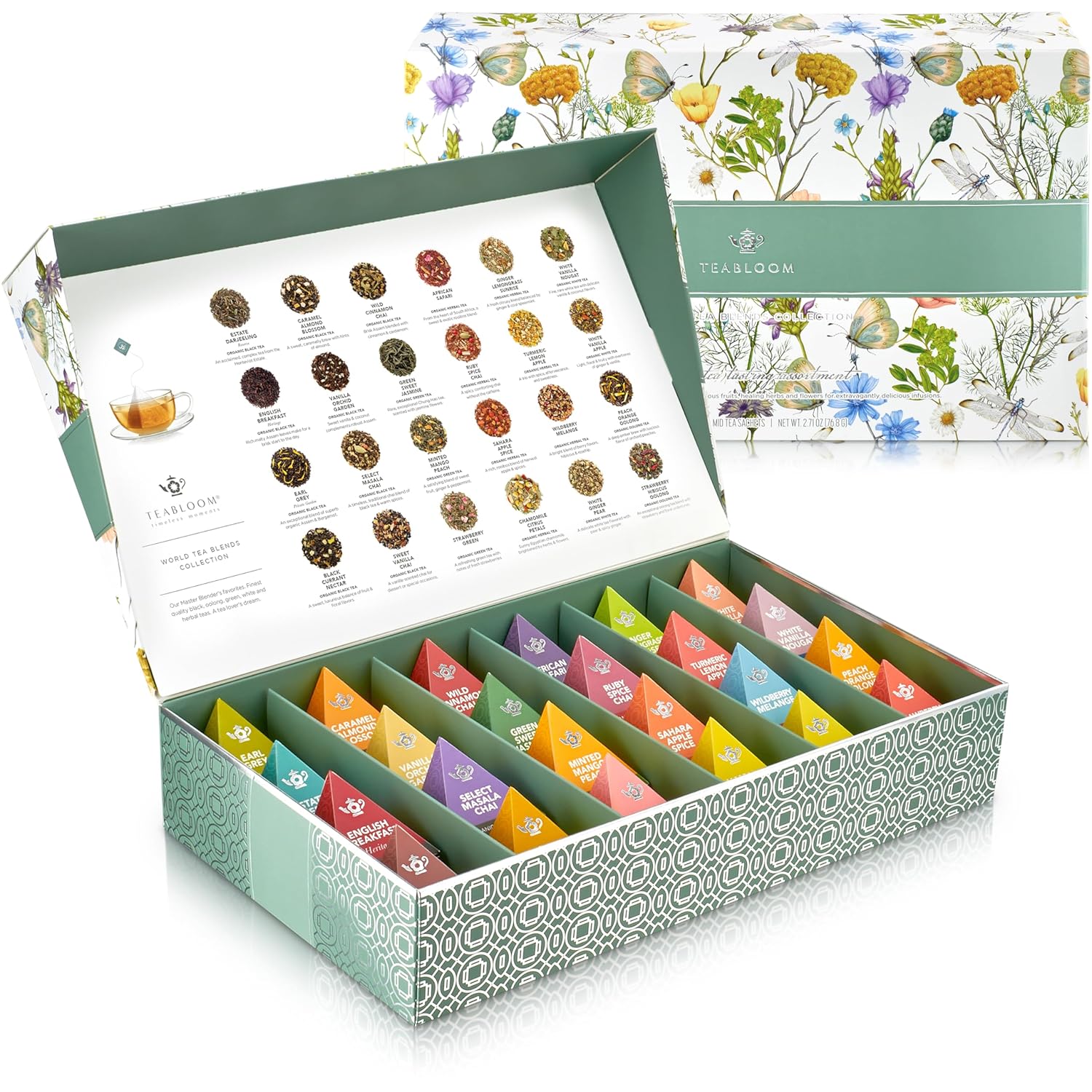 Teabloom – Colección de té piramidal más fina del mundo, 24 variedades de tés orgánicos certificados por USDA – Té negro, té verde, té blanco, té